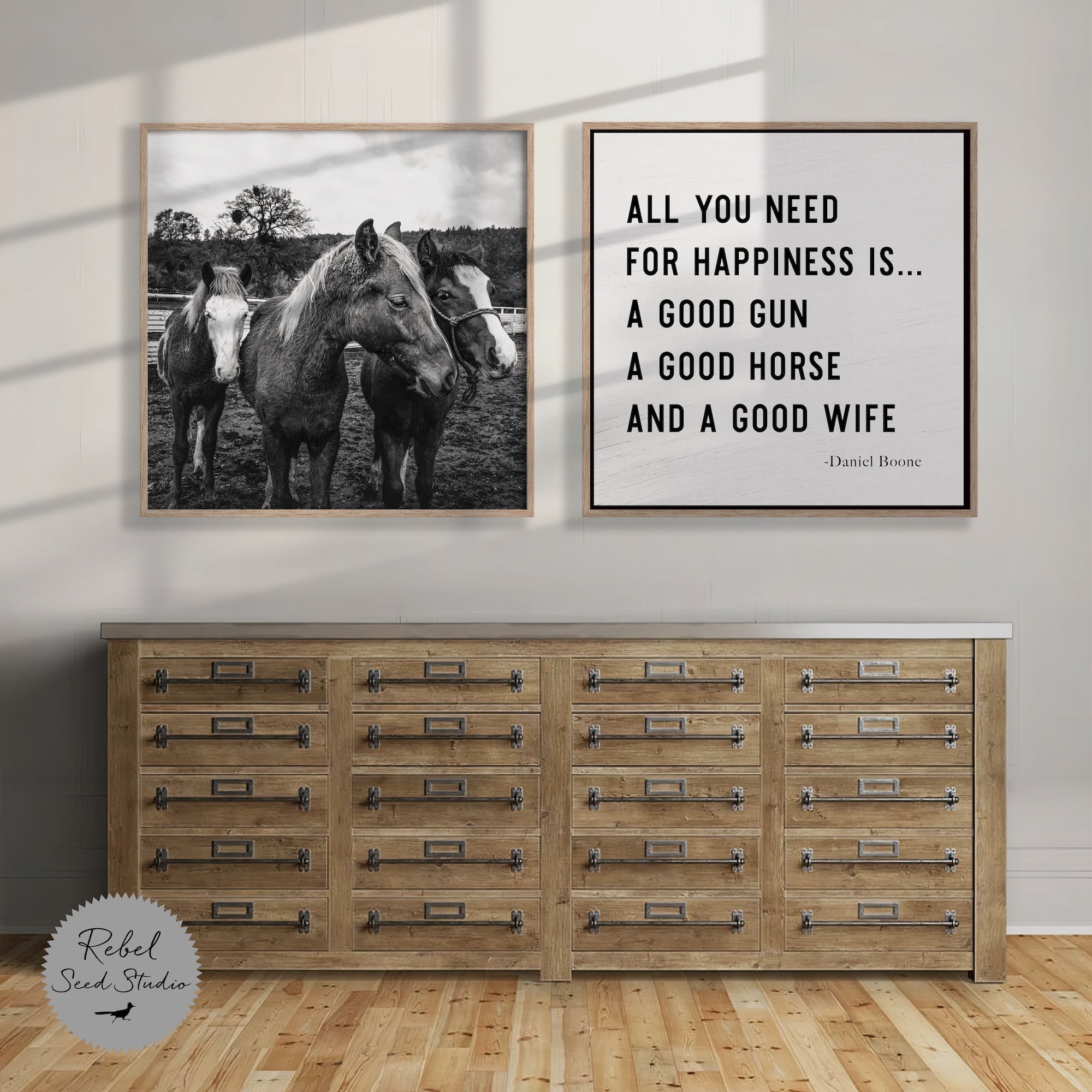 Corral Horses & Daniel Boone Quote: All You Need For Happiness Is A Good Gun, A Good Horse & A Good Wife (Ready-to-Print Art | Digital Download)