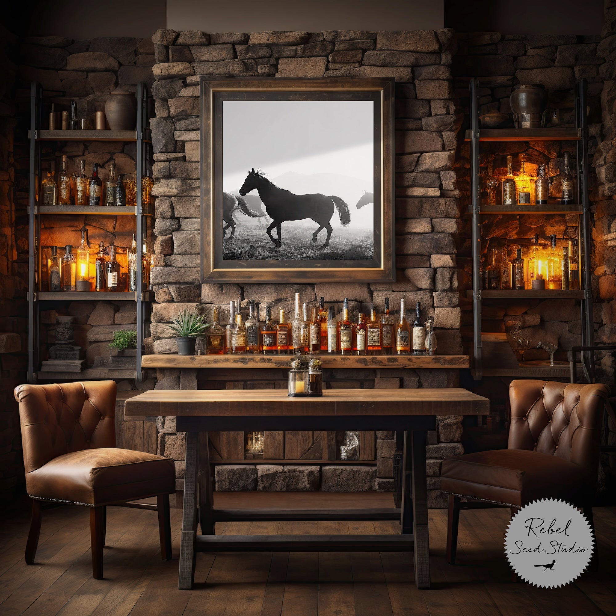 Corral Horses Round Up: Western Black & White Photograph (Art Print)