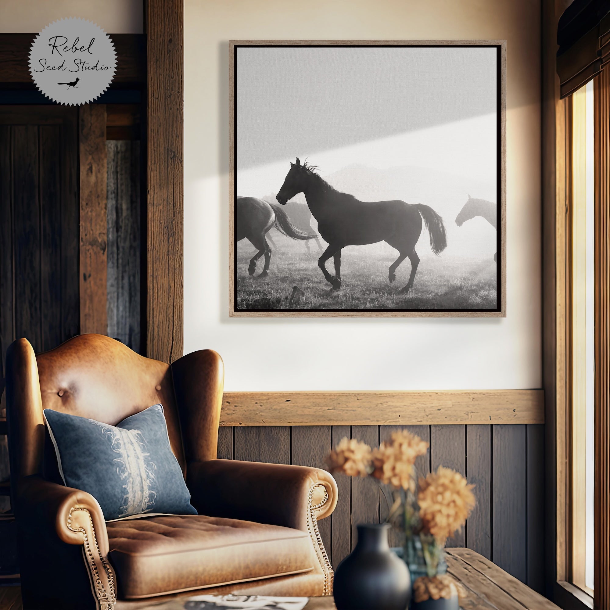 Corral Horses Round Up: Western Black & White Photograph (Ready-to-Hang Canvas or Ready-to-Frame Fine Art Poster Print)