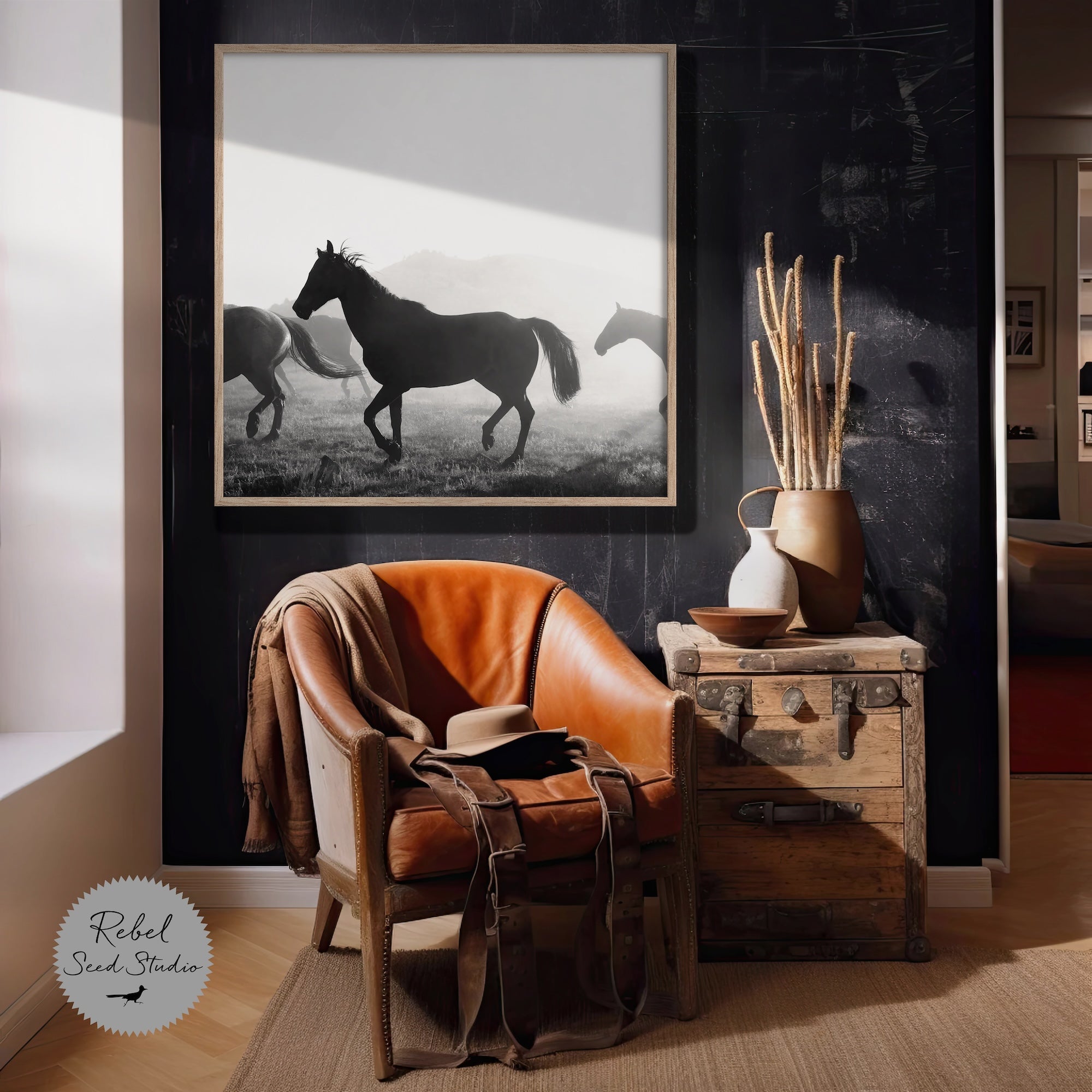 Corral Horses Round Up: Western Black & White Photograph (Art Print)