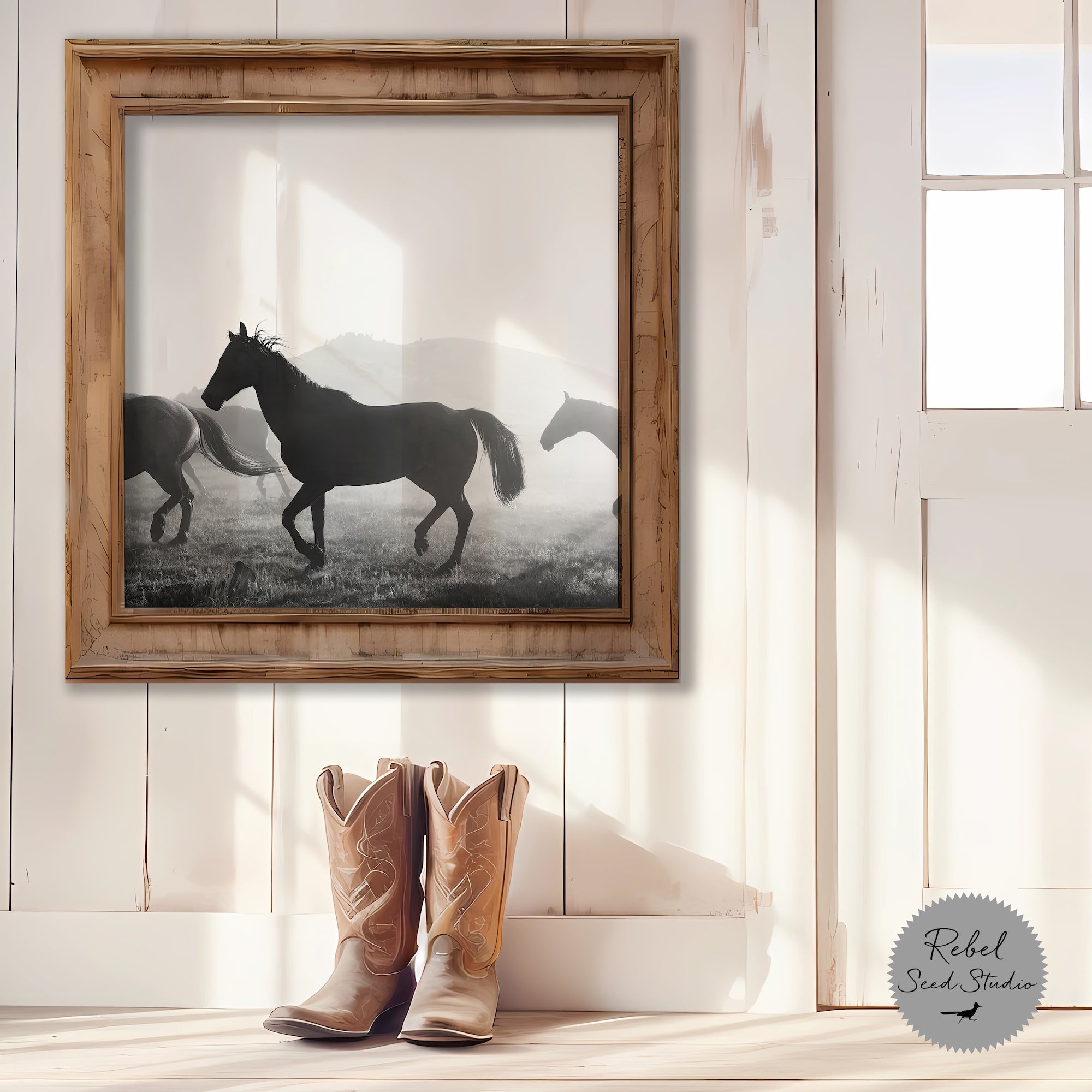 Corral Horses Round Up: Western Black & White Photograph (Art Print)