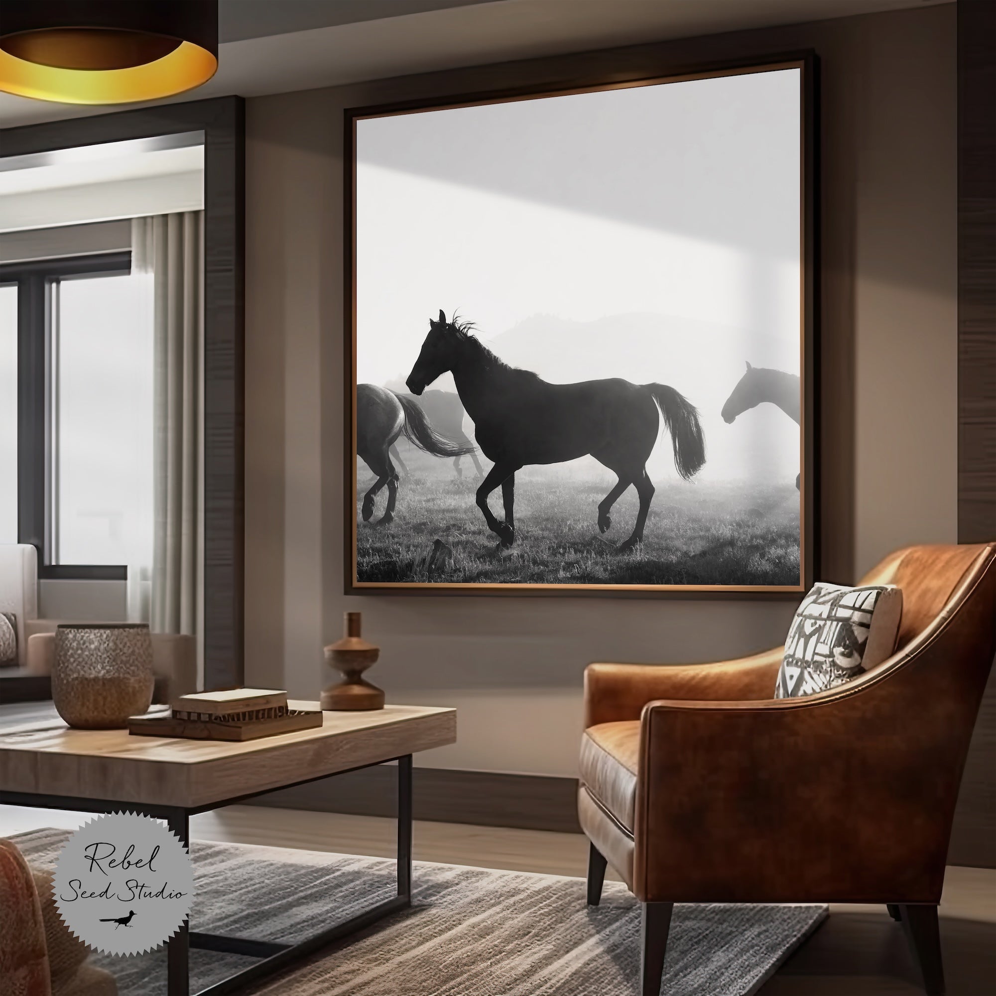 Corral Horses Round Up: Western Black & White Photograph (Art Print)