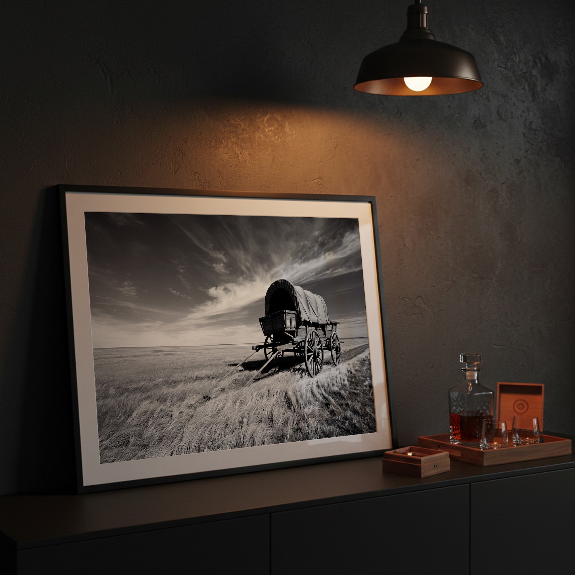 Covered Wagon on the Prairie: Vintage Old West Conestoga Wagon - Black & White Frontier Photo Art Print