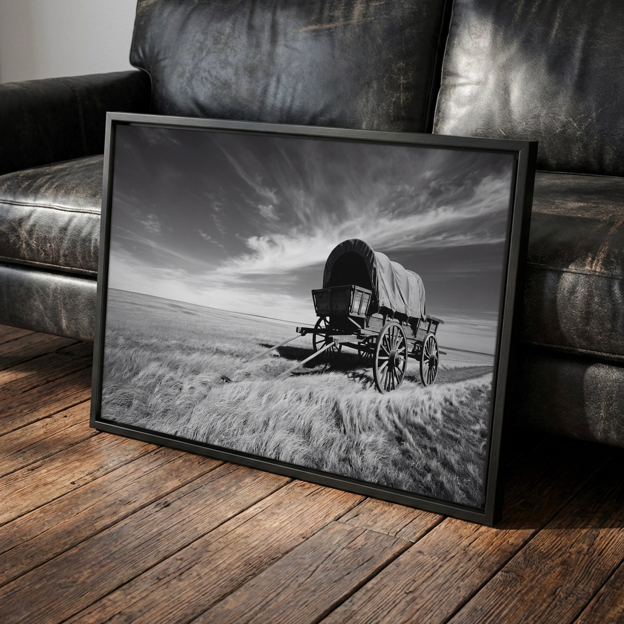Covered Wagon on the Prairie: Vintage Old West Conestoga Wagon - Black & White Frontier Photo Art Print