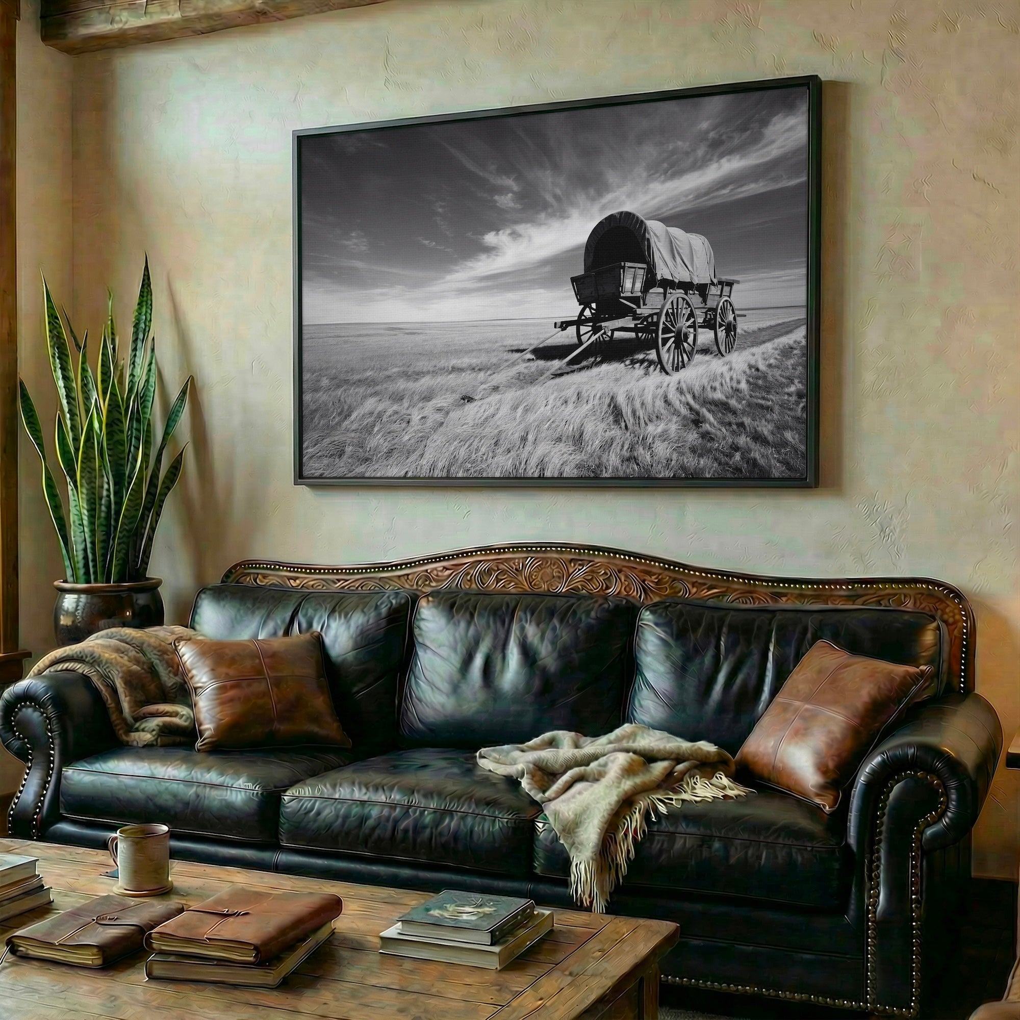 Covered Wagon on the Prairie: Vintage Old West Conestoga Wagon - Black & White Frontier Photo Art Print