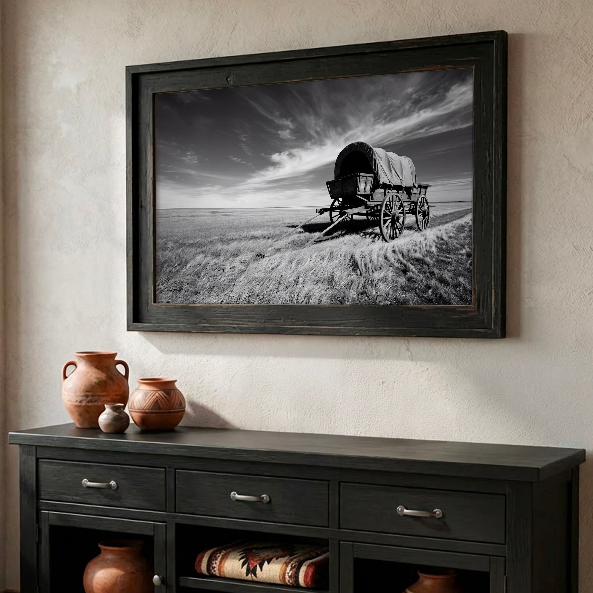 Covered Wagon on the Prairie: Vintage Old West Conestoga Wagon - Black & White Frontier Photo Art Print