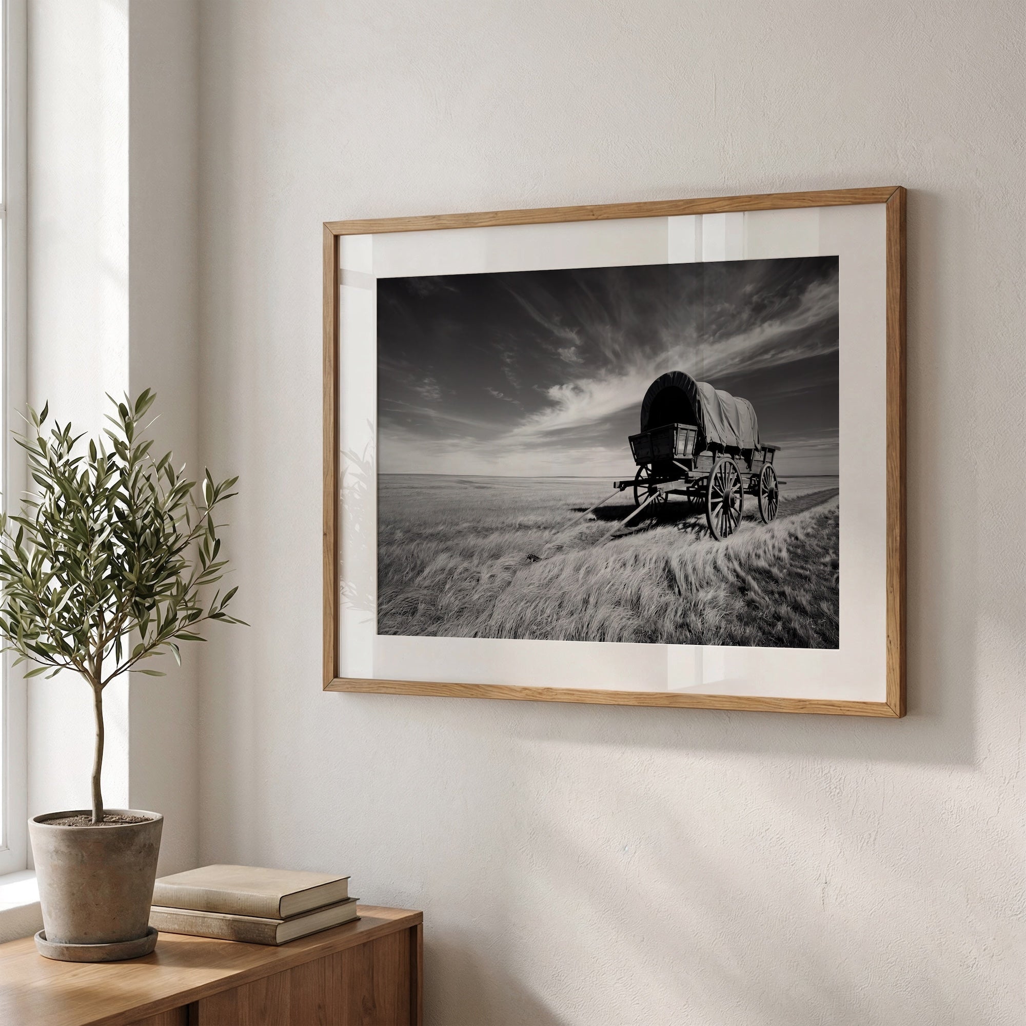 Covered Wagon on the Prairie: Vintage Old West Conestoga Wagon - Black & White Frontier Photo Art Print