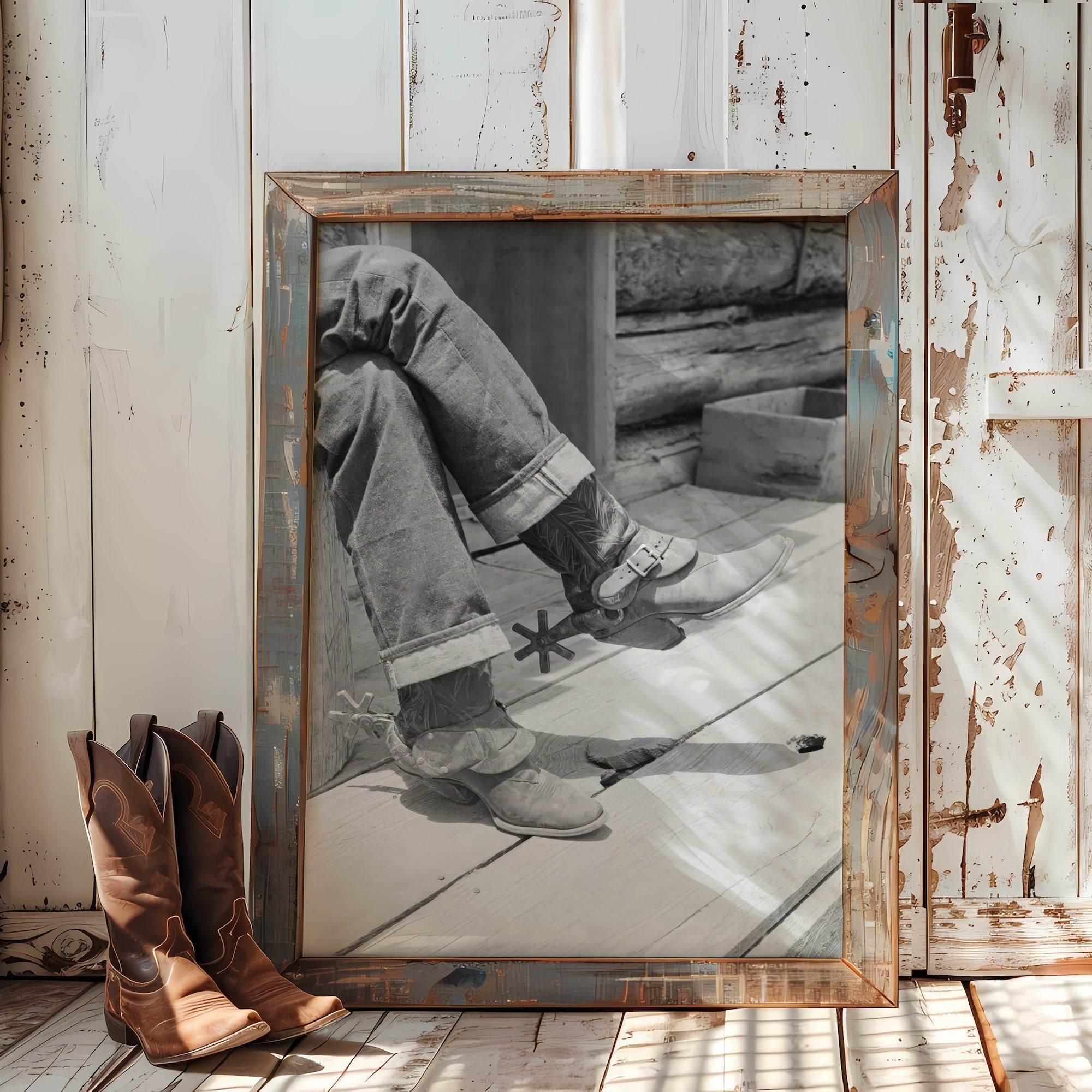 Cowboy Boots & Spurs: Vintage Western Black & White Photograph (Art Print)