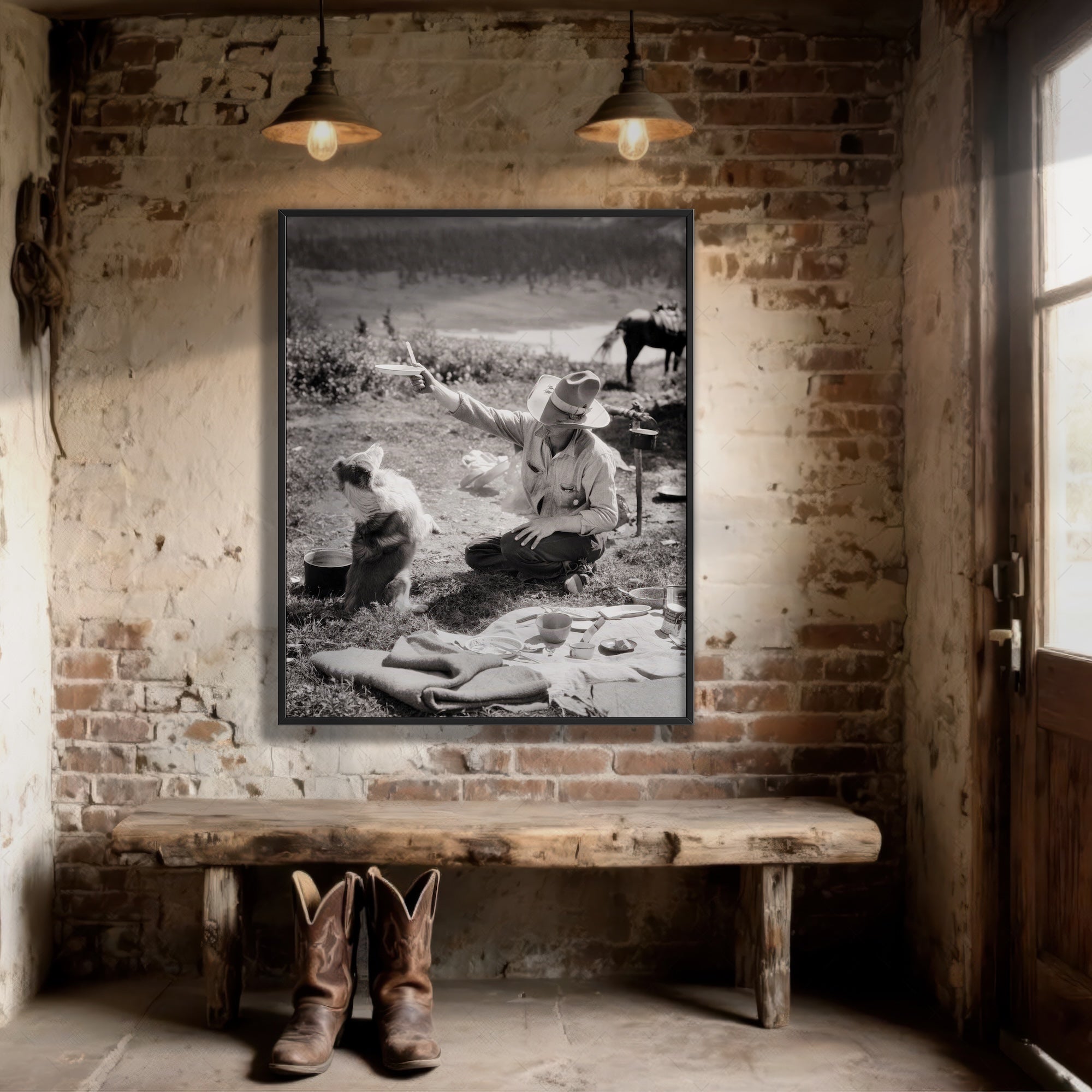Cowboy & Dog Pardner: Funny Vintage Western Black & White Photograph (Art Print)