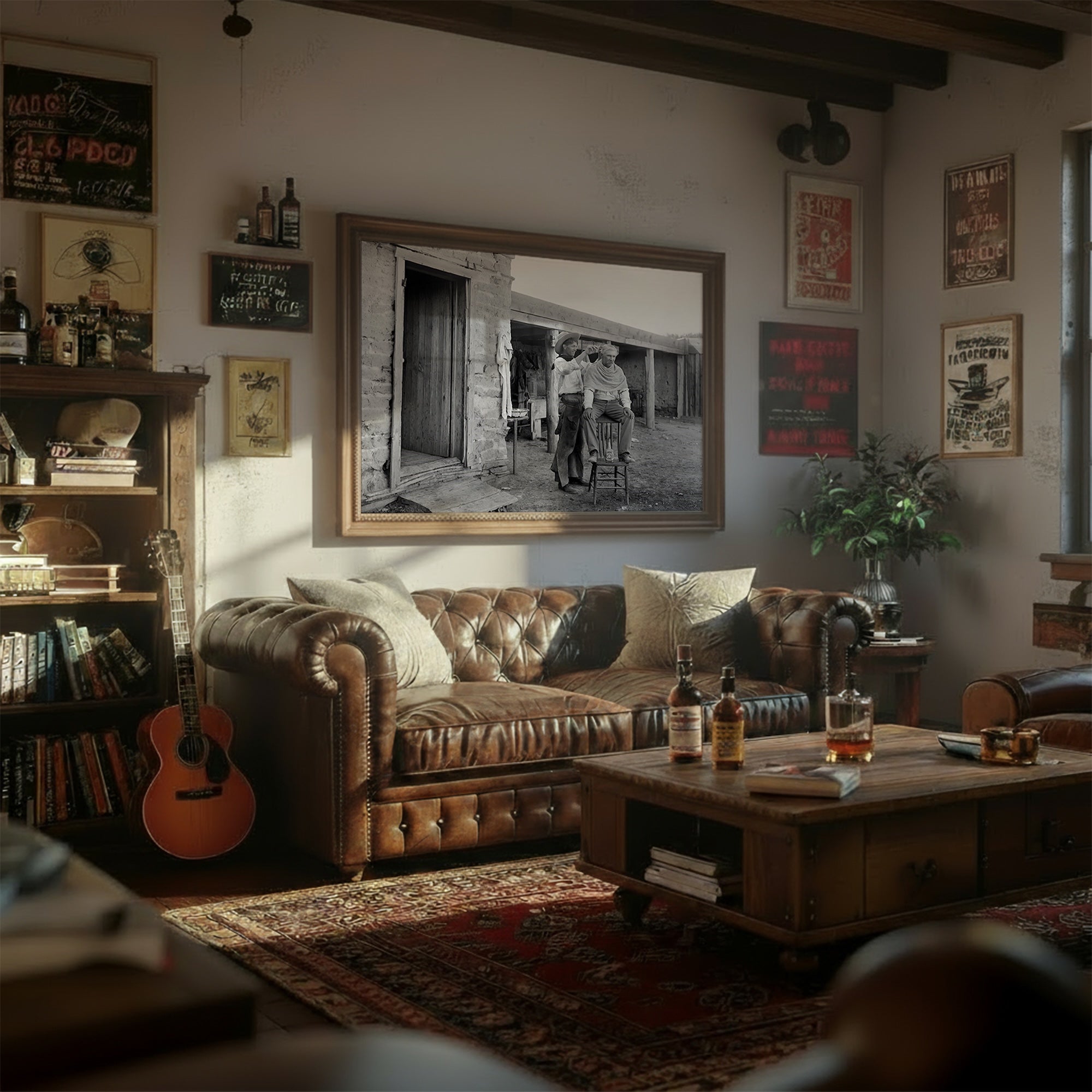 Cowboy Haircut: Funny Vintage Old West Black & White Photograph (Art Print)