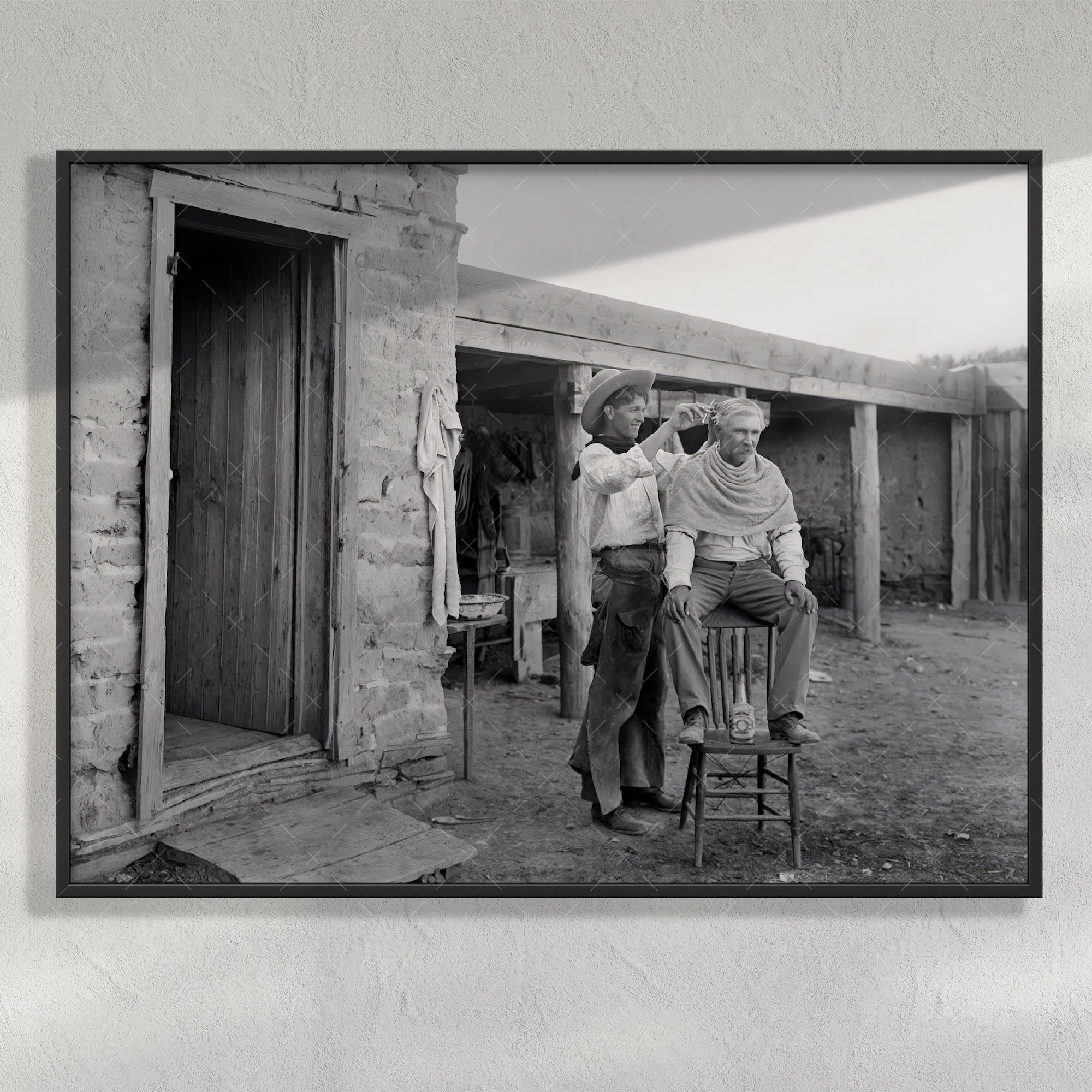 Cowboy Haircut: Funny Vintage Old West Black & White Photograph (Art Print)
