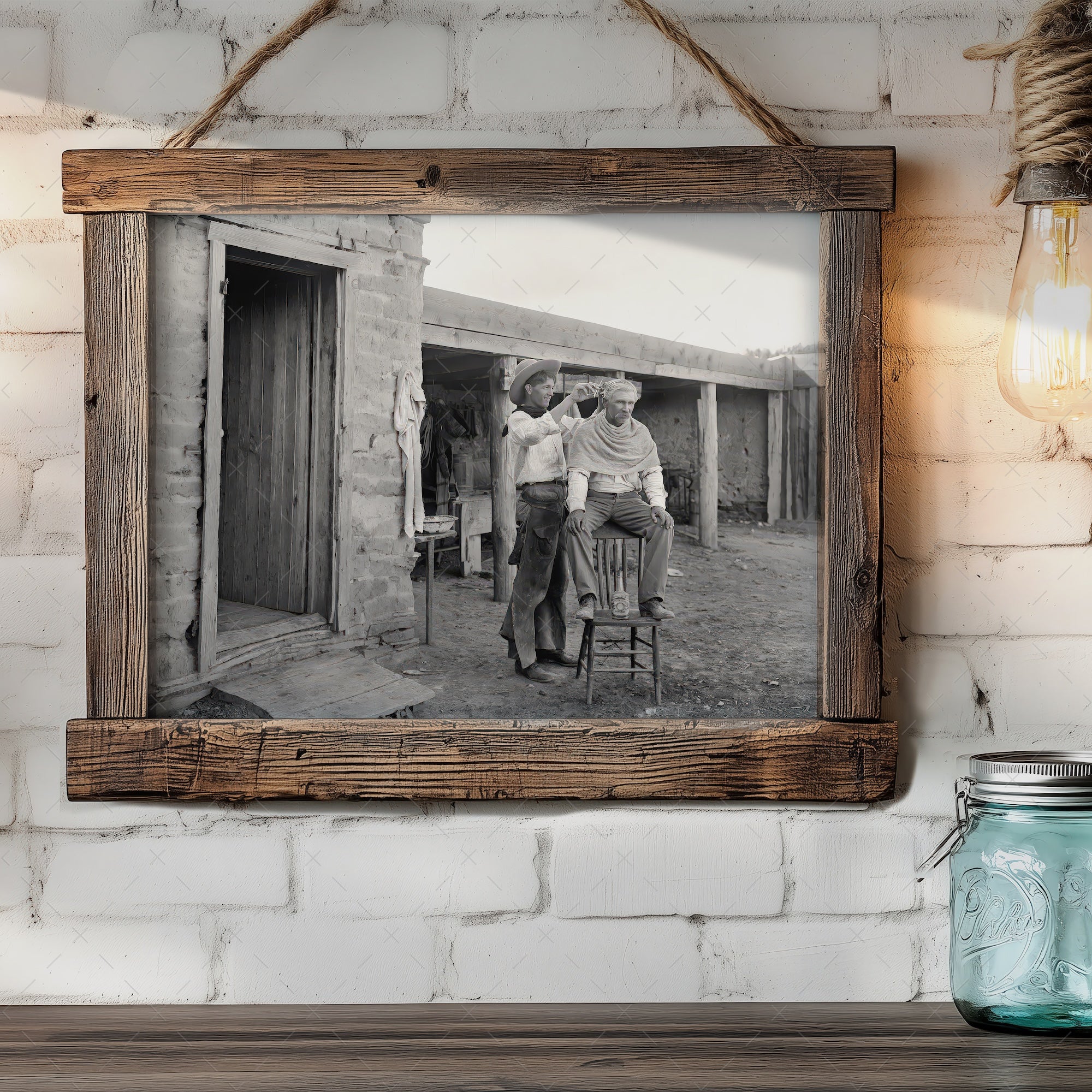 Cowboy Haircut: Funny Vintage Old West Black & White Photograph (Art Print)