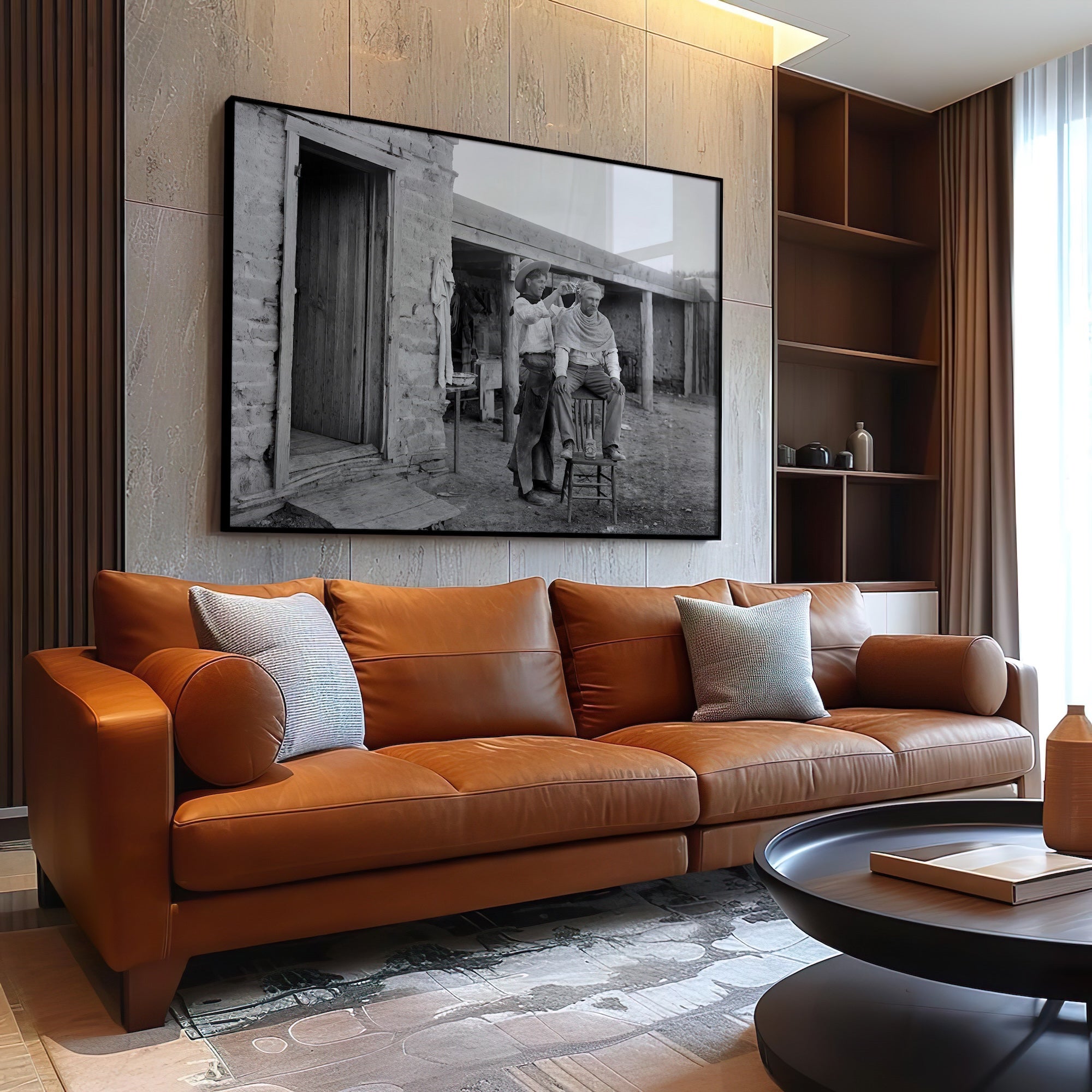 Cowboy Haircut: Funny Vintage Old West Black & White Photograph (Art Print)