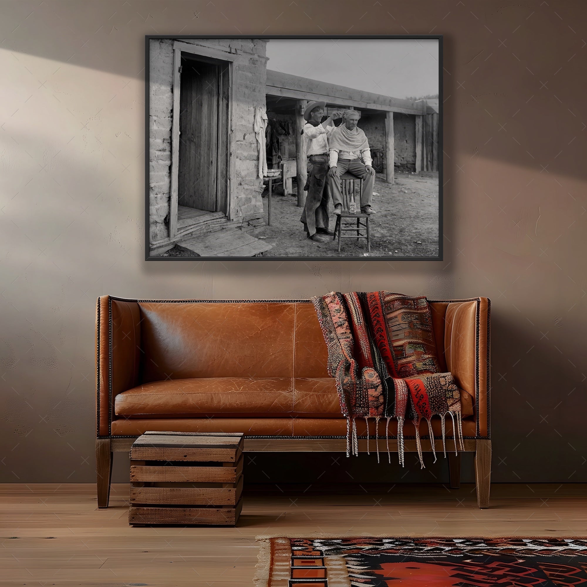 Cowboy Haircut: Funny Vintage Old West Black & White Photograph (Art Print)