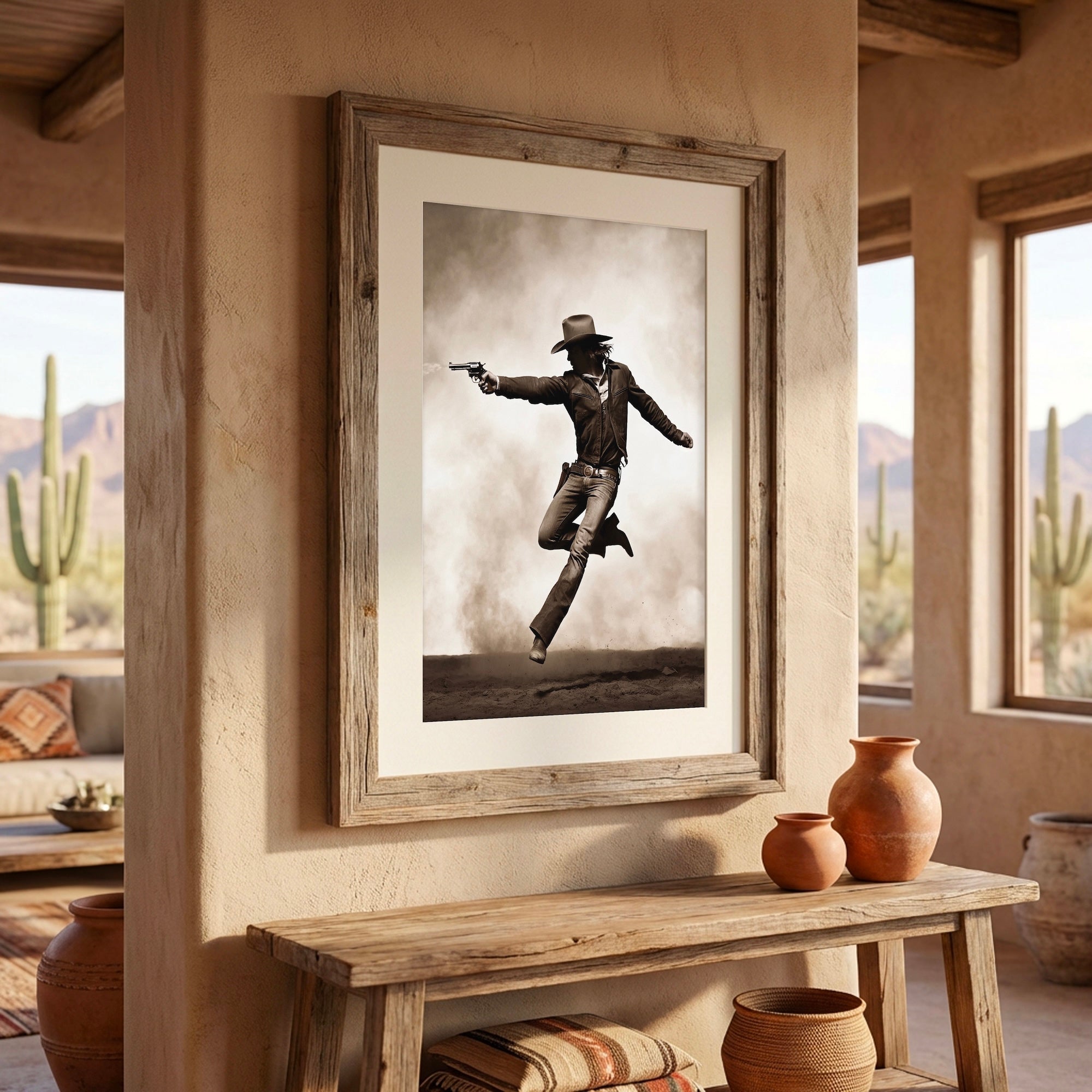 Cowboy Pistoleer: Wild West Shootout - Vintage Sepia Art Print