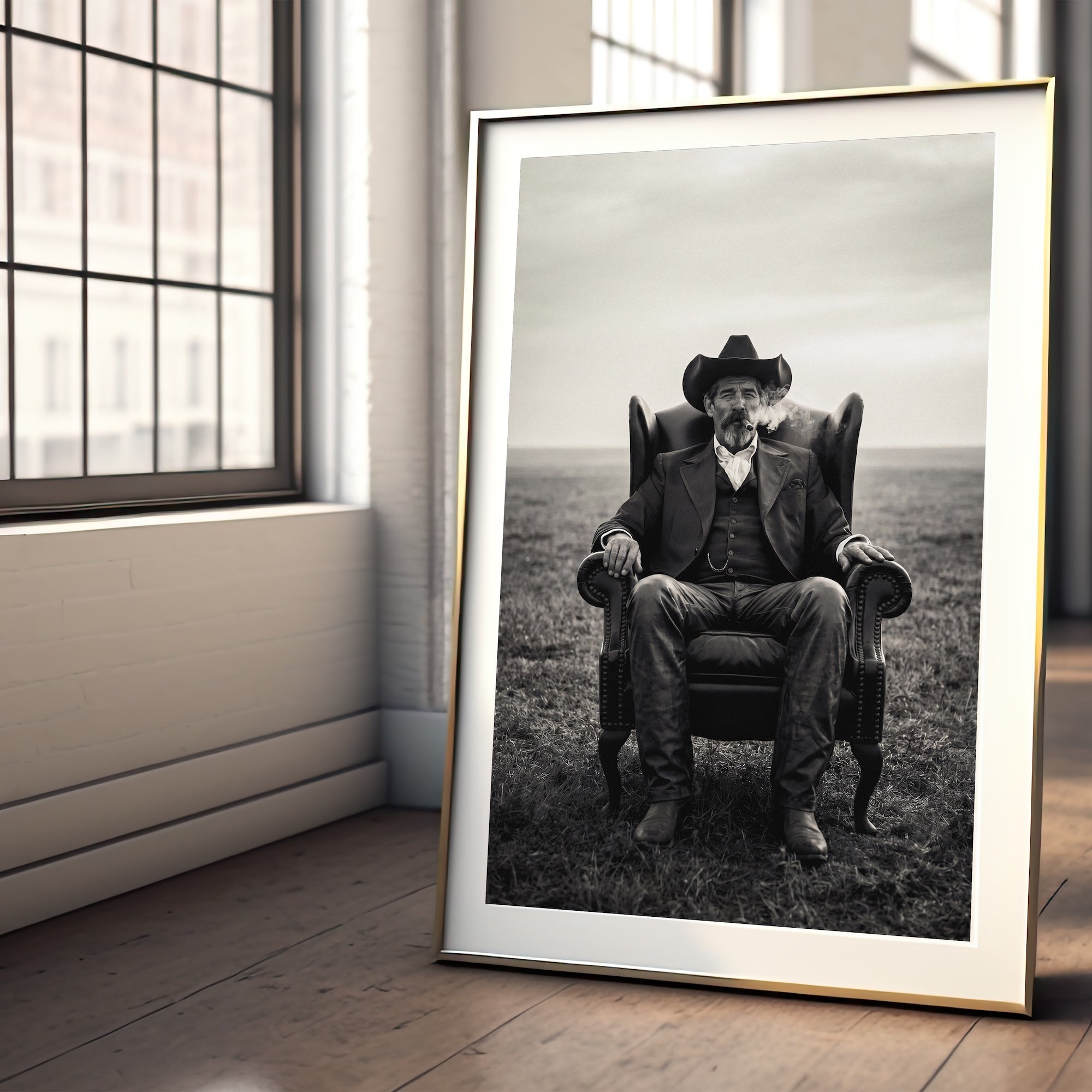 Cowboy Smoking Cigar: Vintage Western Outlaw - Black & White Art Print