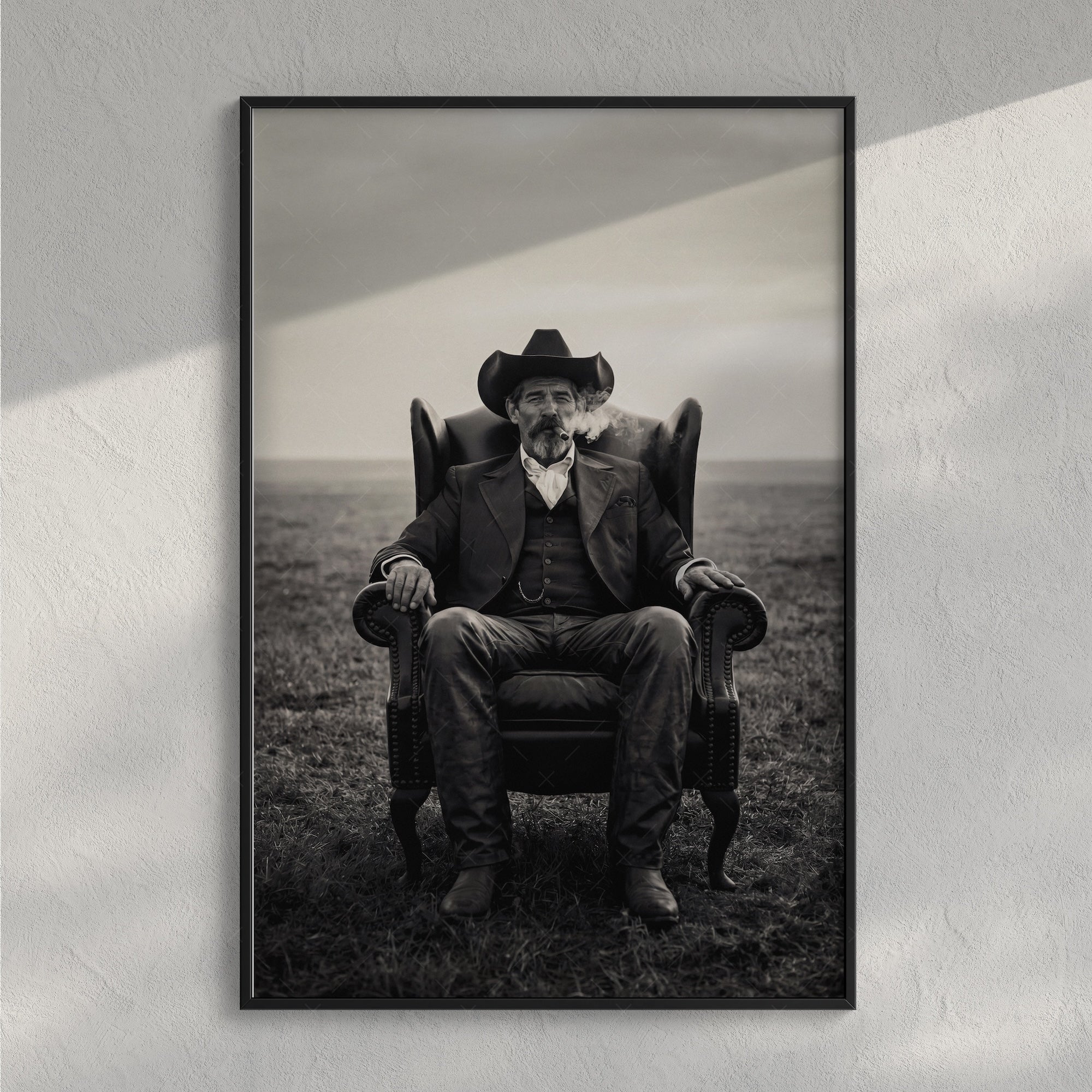 Cowboy Smoking Cigar: Vintage Western Outlaw - Black & White Art Print