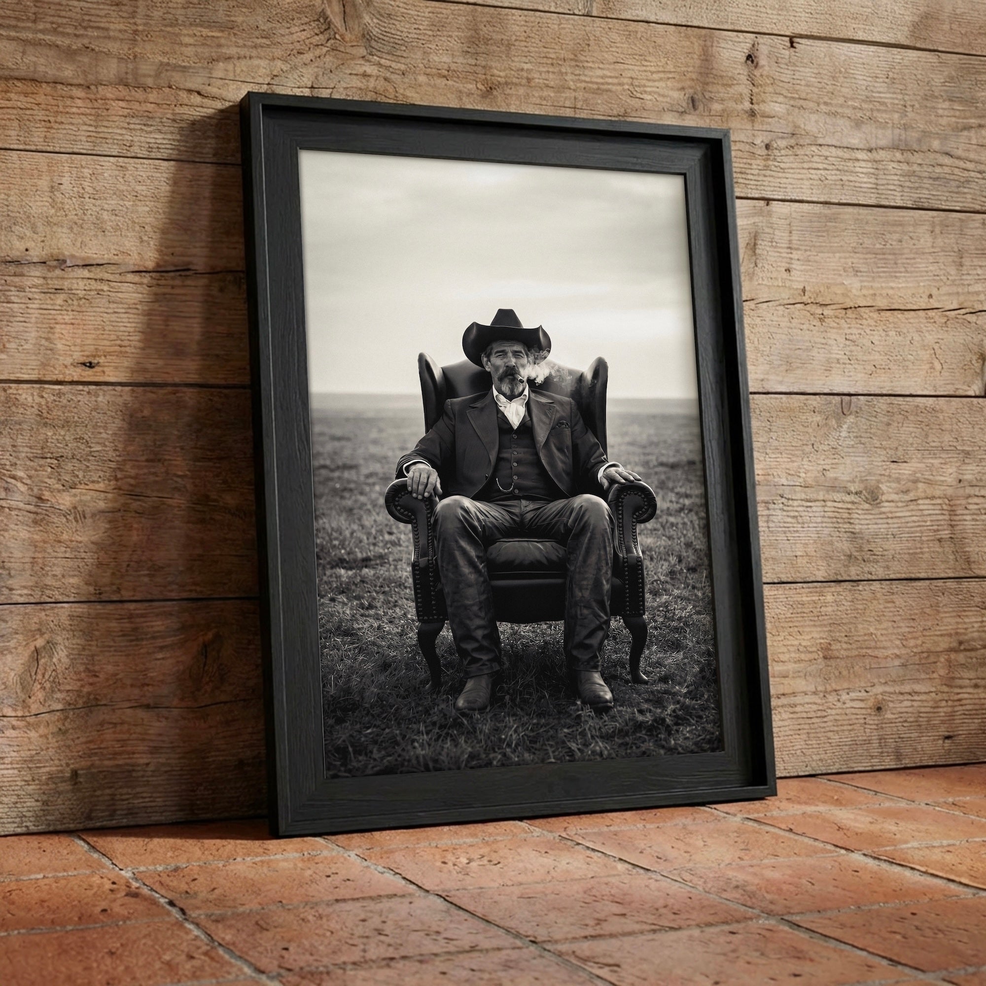 Cowboy Smoking Cigar: Vintage Western Outlaw - Black & White Art Print