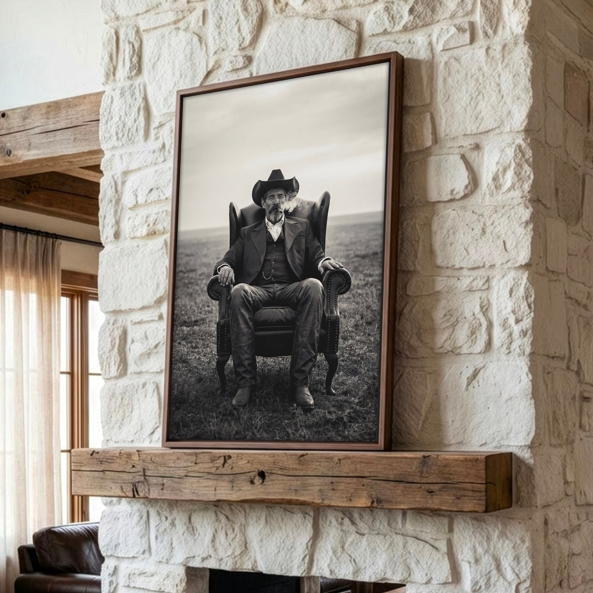 Cowboy Smoking Cigar: Vintage Western Outlaw - Black & White Art Print