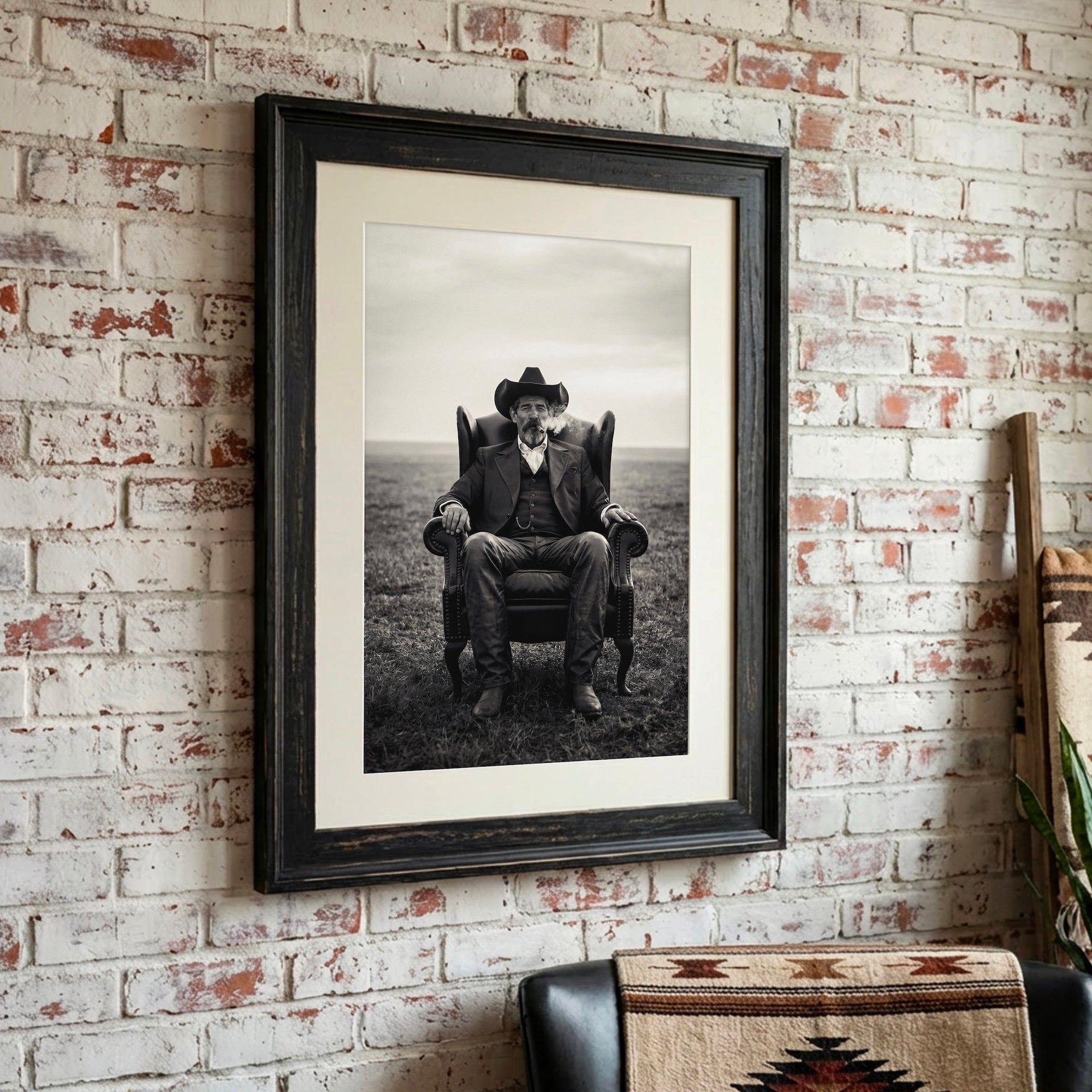 Cowboy Smoking Cigar: Vintage Western Outlaw - Black & White Art Print