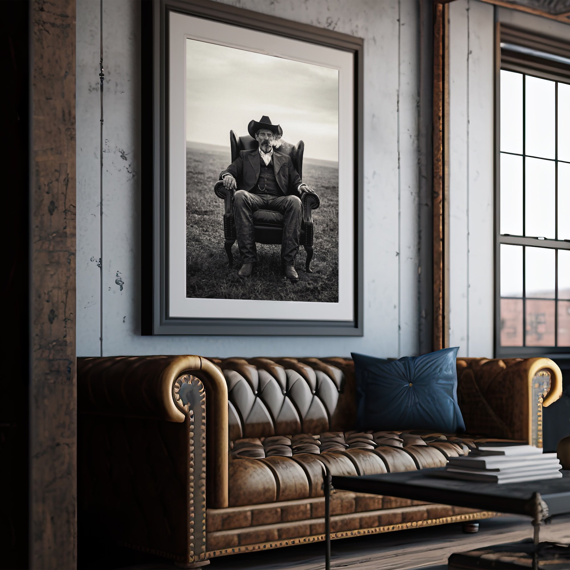 Cowboy Smoking Cigar: Vintage Western Outlaw - Black & White Art Print