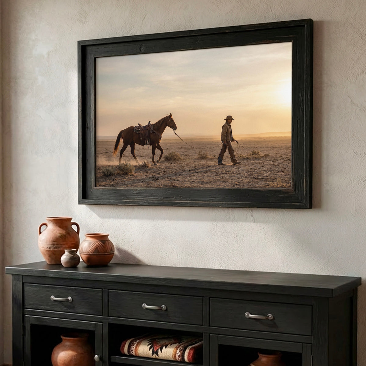 Cowboy Walking His Horse in the Desert: Vintage Western Photo Art Print