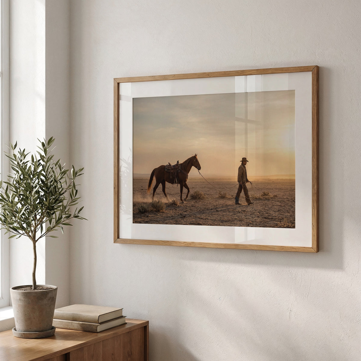 Cowboy Walking His Horse in the Desert: Vintage Western Photo Art Print