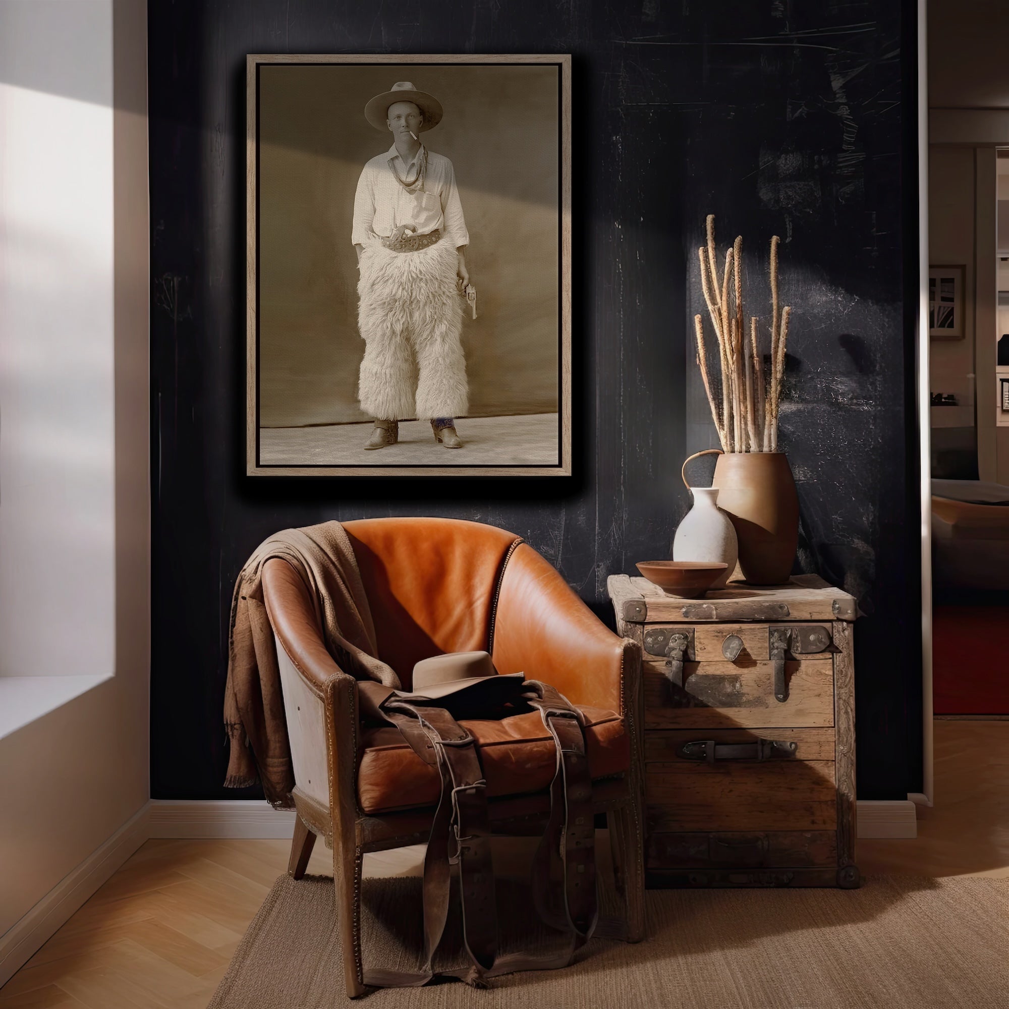 Fancy Duds: Cowboy in Wool Chaps - Vintage Old West Sepia Photograph (Art Print)