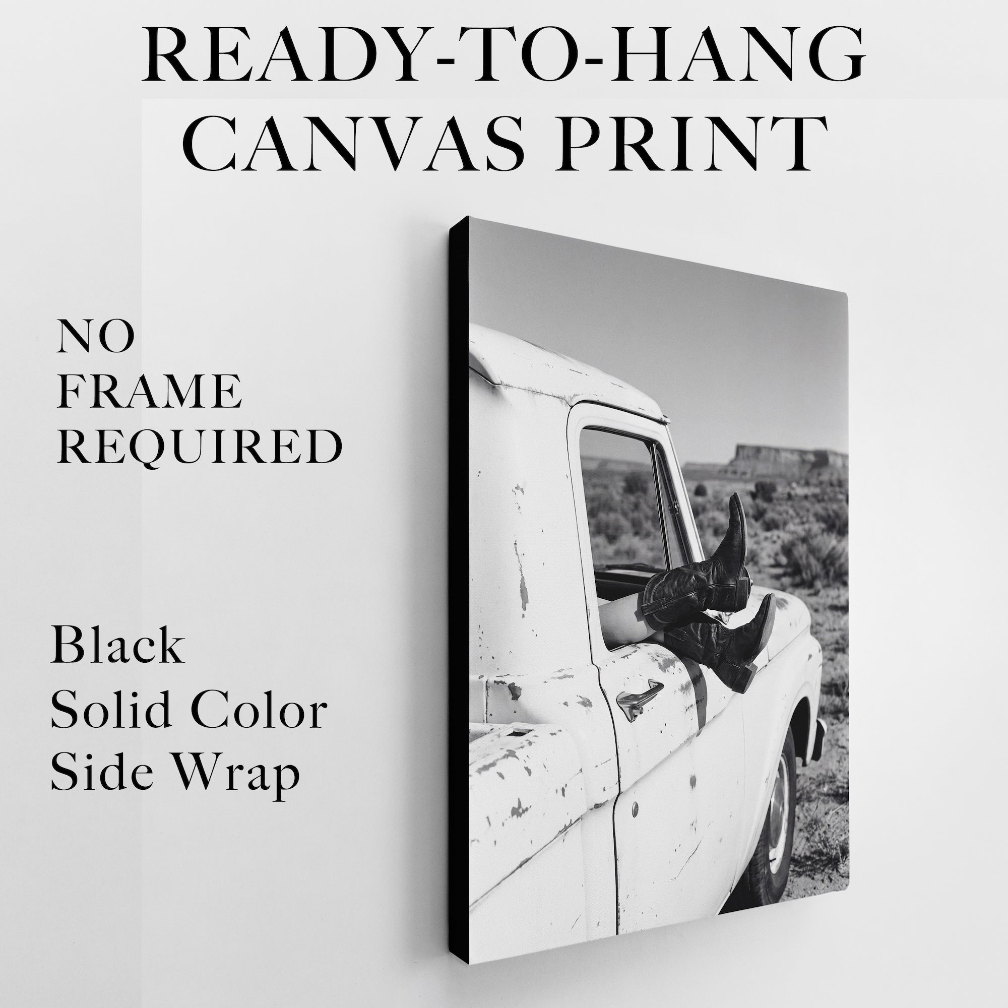 Cowgirl Boots & Pickup Truck: Western Desert Black & White Photo Art Print