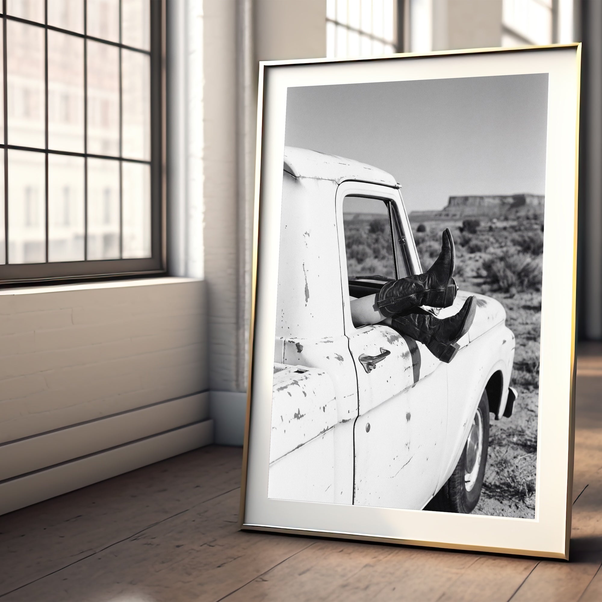 Cowgirl Boots & Pickup Truck: Western Desert Black & White Photo Art Print