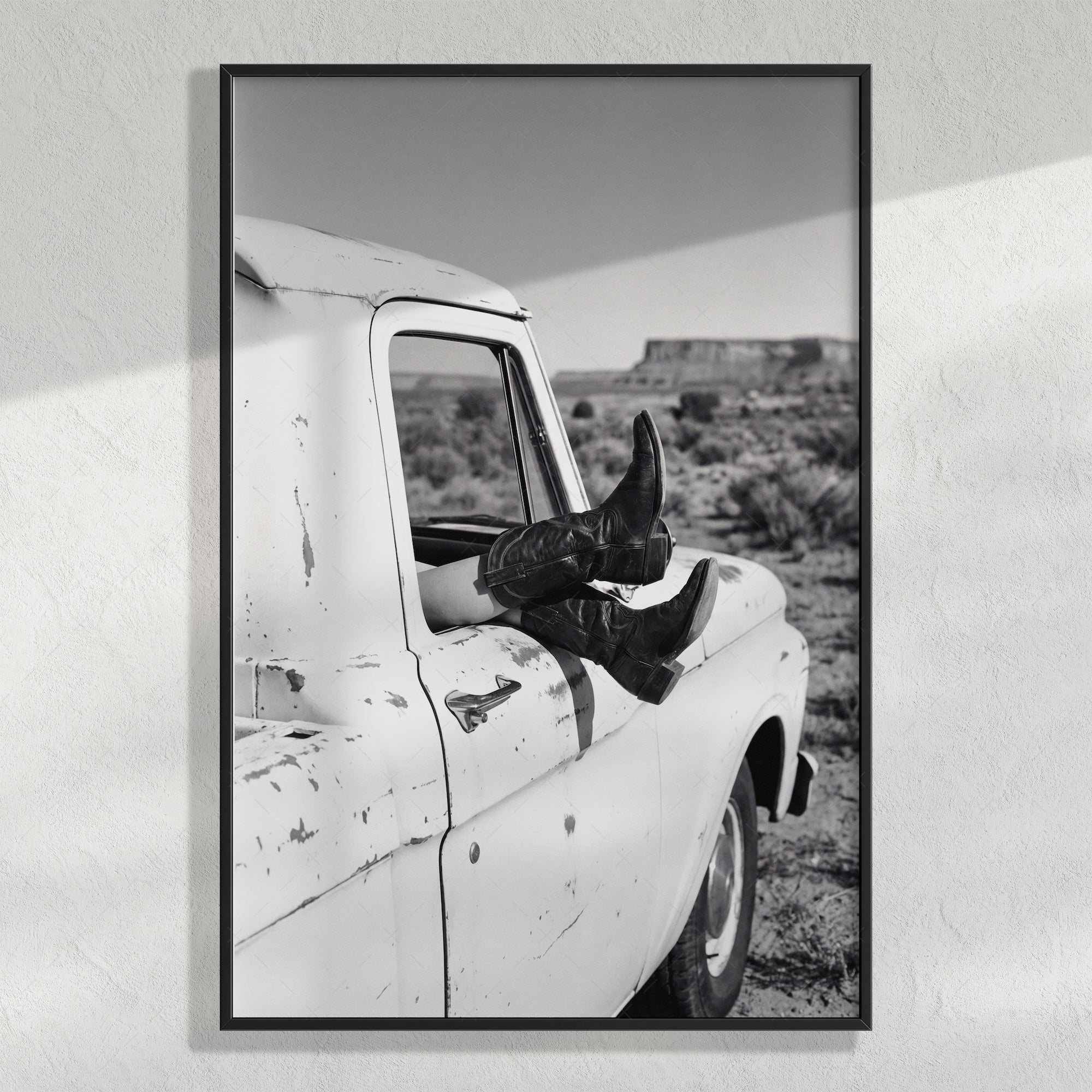 Cowgirl Boots & Pickup Truck: Western Desert Black & White Photo Art Print