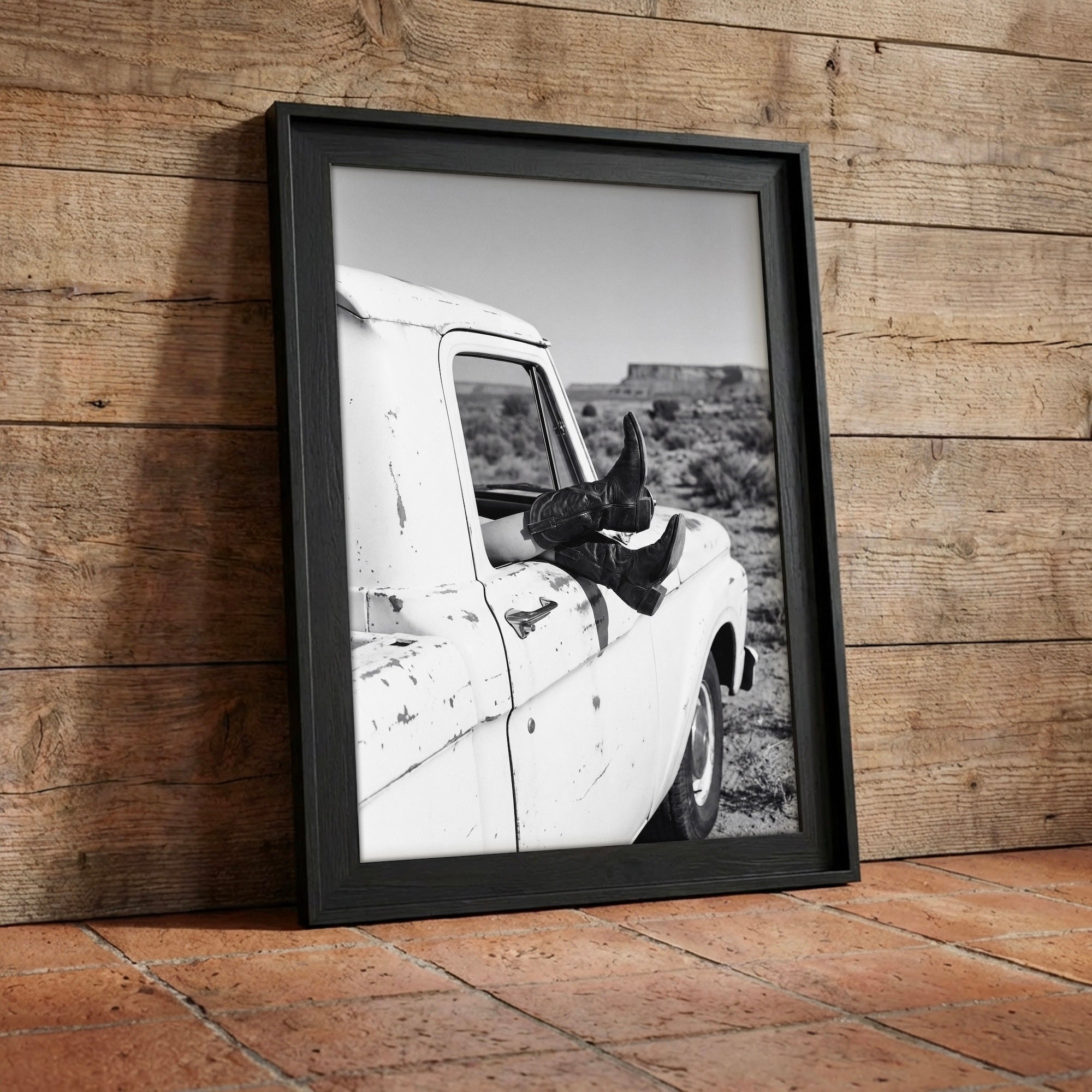 Cowgirl Boots & Pickup Truck: Western Desert Black & White Photo Art Print