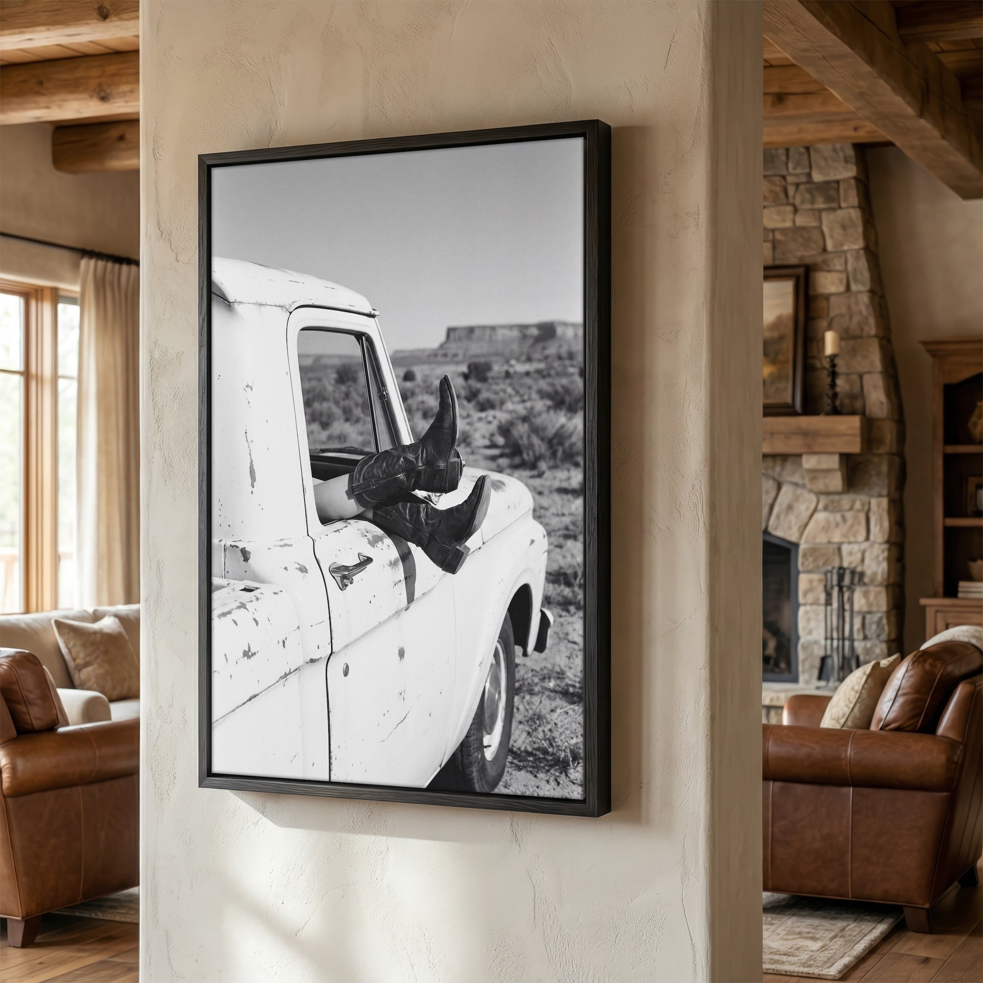 Cowgirl Boots & Pickup Truck: Western Desert Black & White Photo Art Print