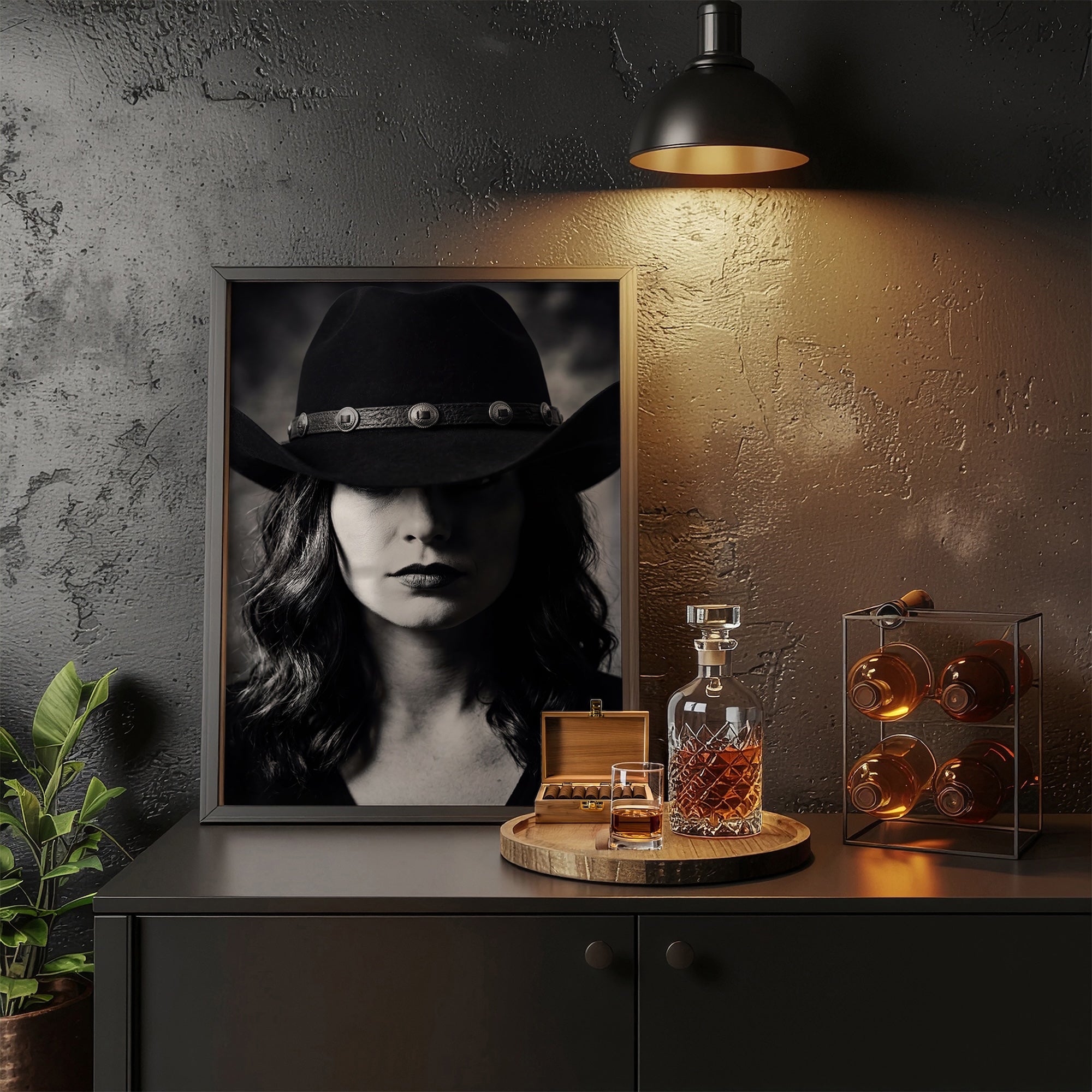 Cowgirl in Cowboy Hat: Western Black & White Photo Style Art Print
