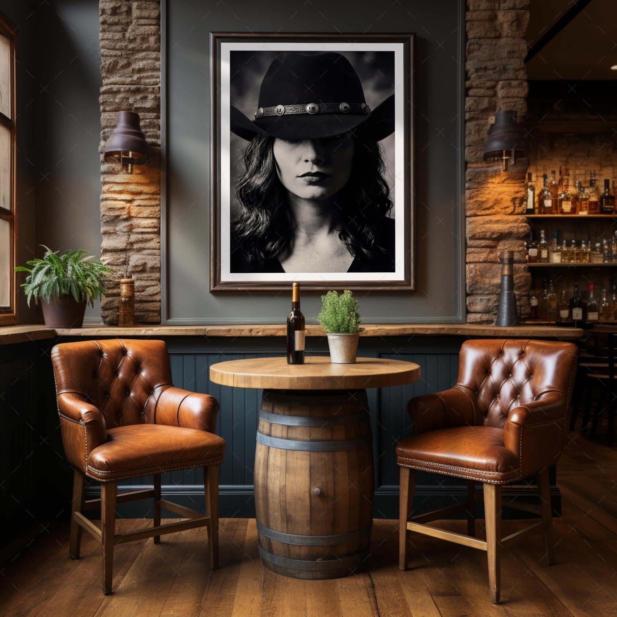 Cowgirl in Cowboy Hat: Western Black & White Photo Style Art Print