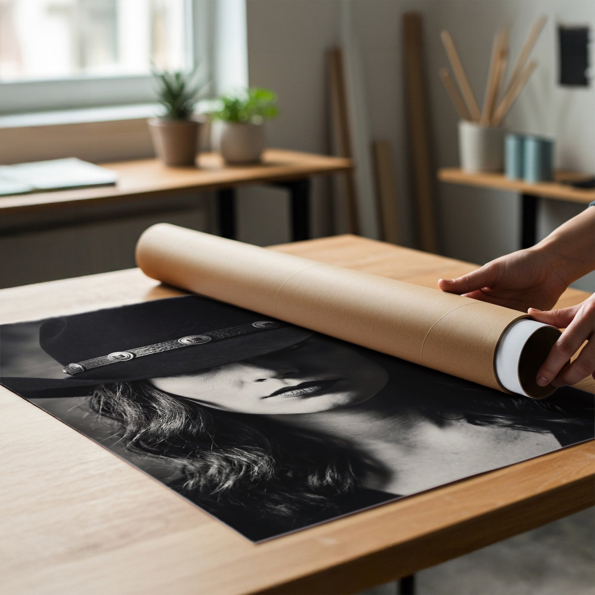 Cowgirl in Cowboy Hat: Western Black & White Photo Style Art Print