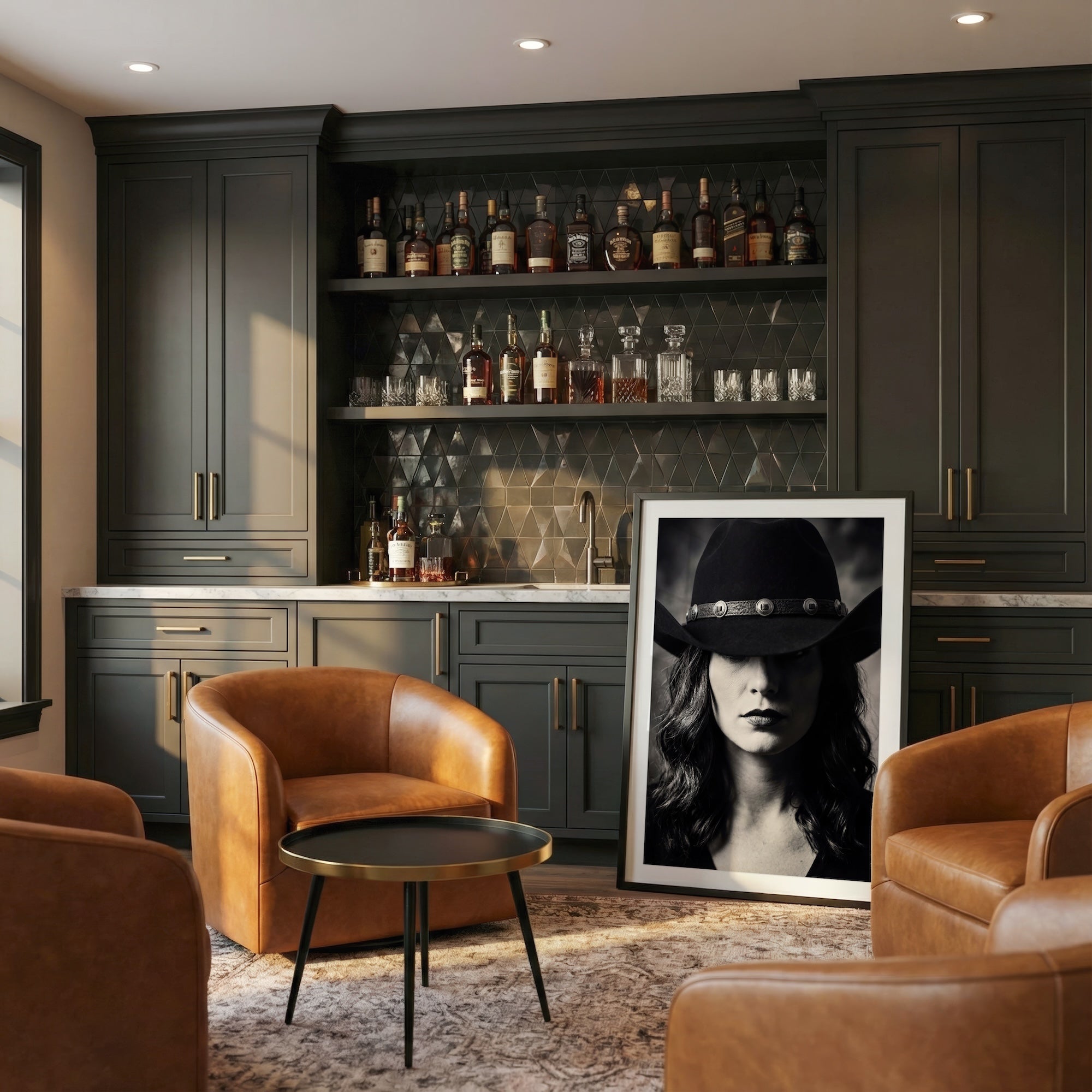 Cowgirl in Cowboy Hat: Western Black & White Photo Style Art Print