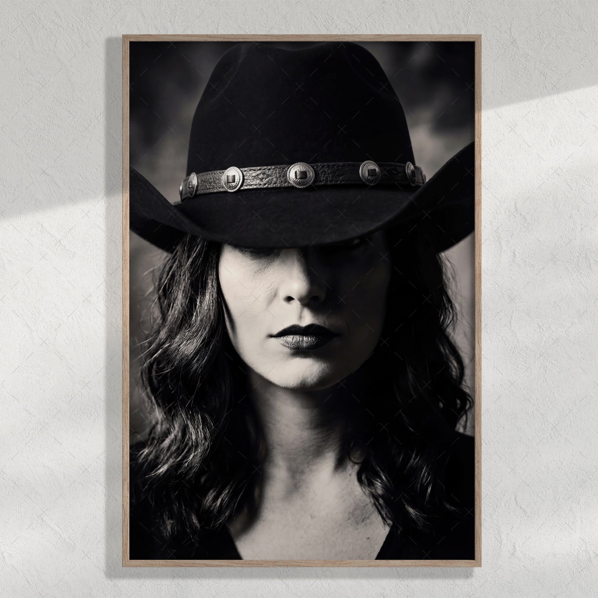 Cowgirl in Cowboy Hat: Western Black & White Photo Style Art Print