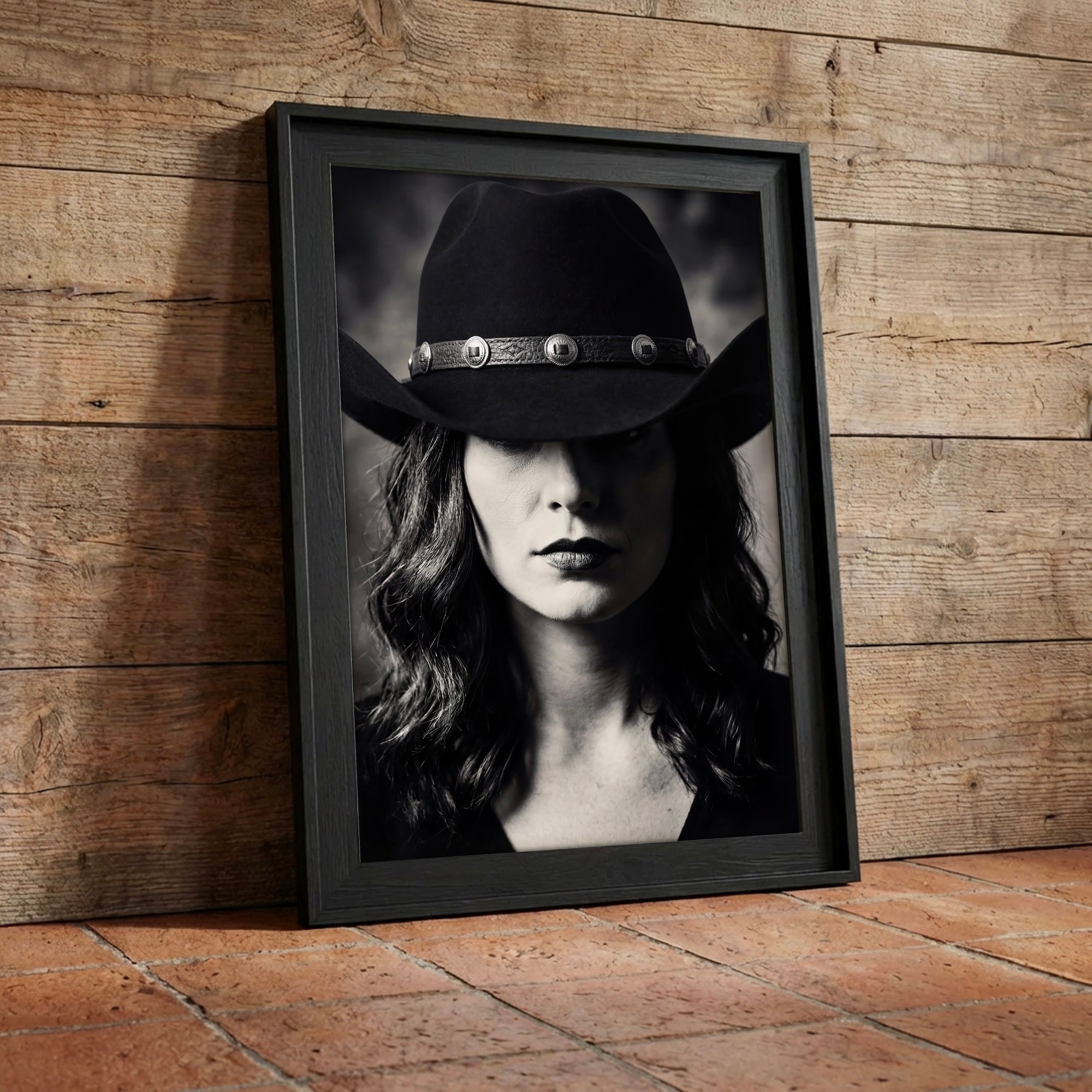 Cowgirl in Cowboy Hat: Western Black & White Photo Style Art Print