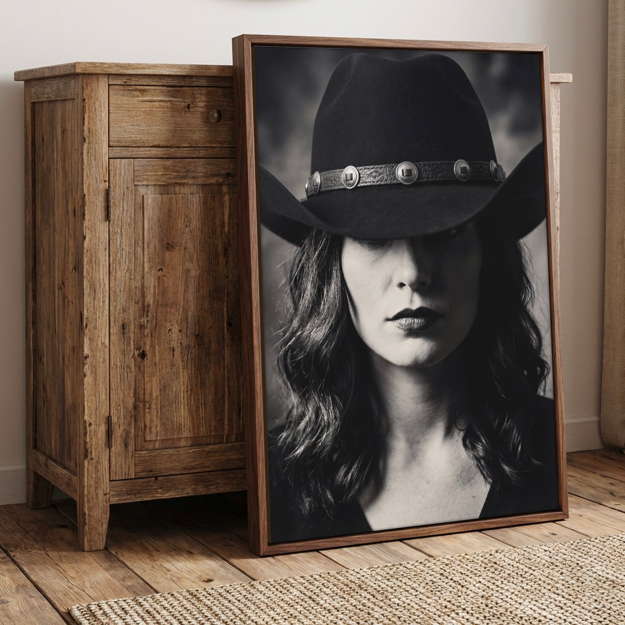 Cowgirl in Cowboy Hat: Western Black & White Photo Style Art Print