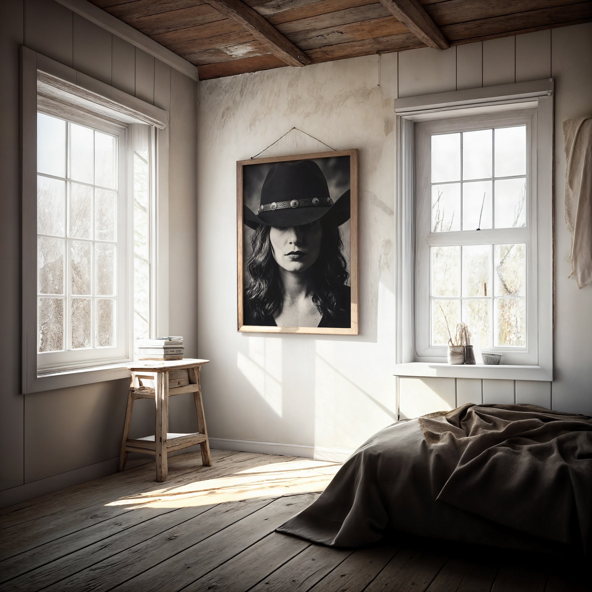 Cowgirl in Cowboy Hat: Western Black & White Photo Style Art Print