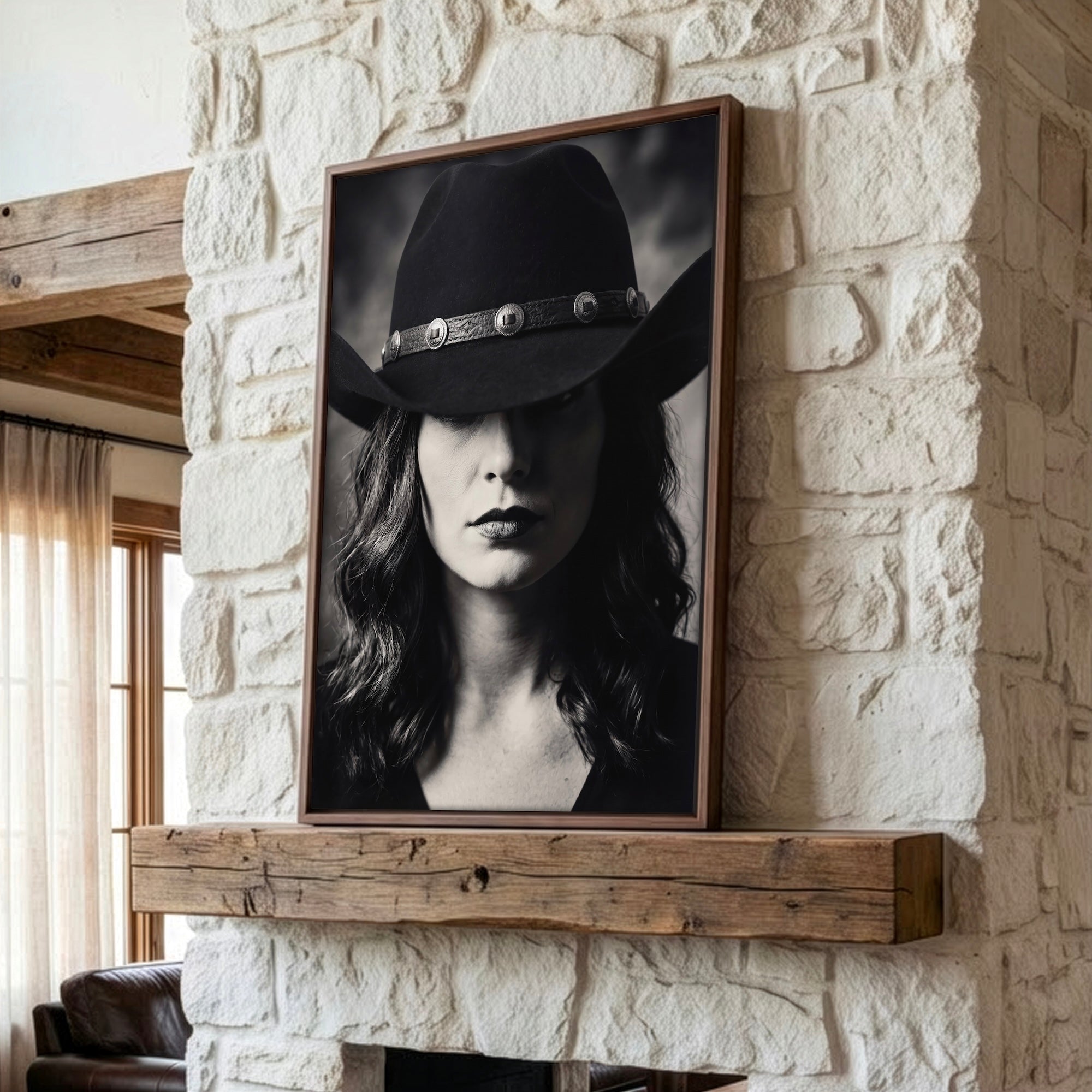 Cowgirl in Cowboy Hat: Western Black & White Photo Style Art Print