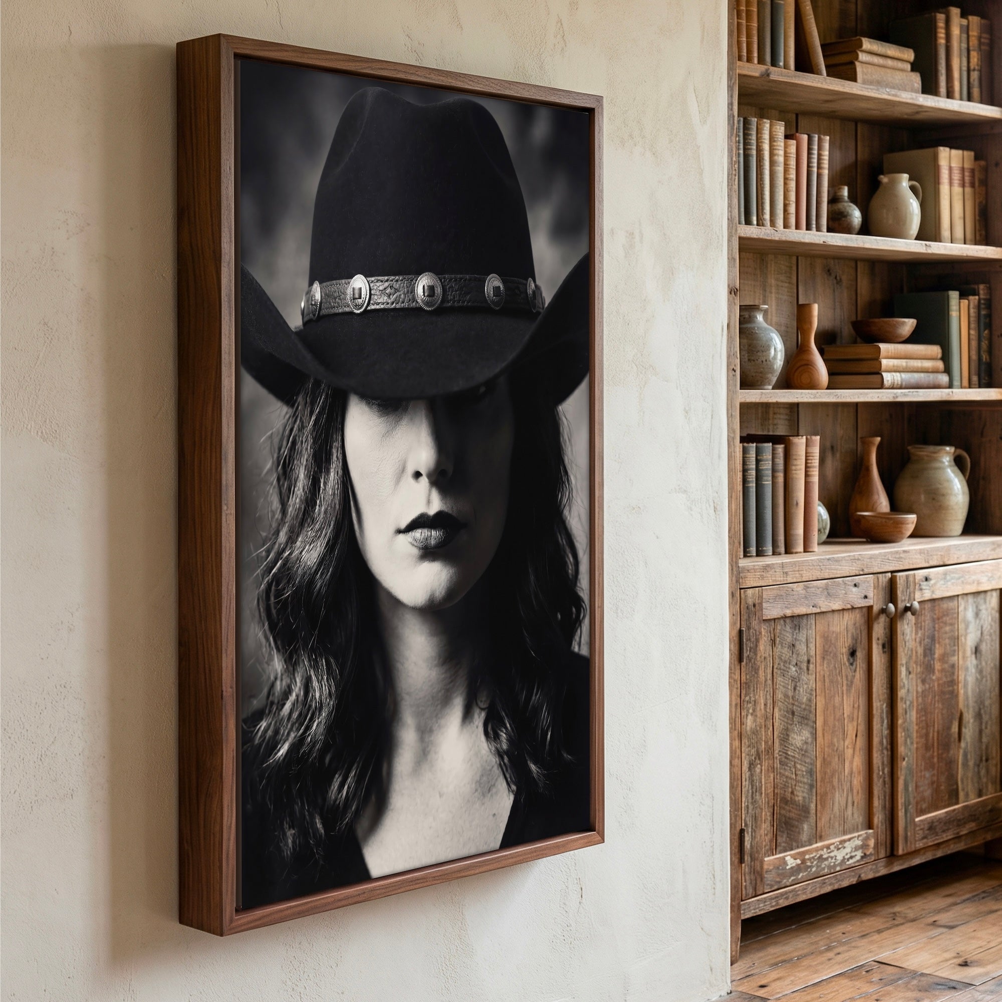 Cowgirl in Cowboy Hat: Western Black & White Photo Style Art Print