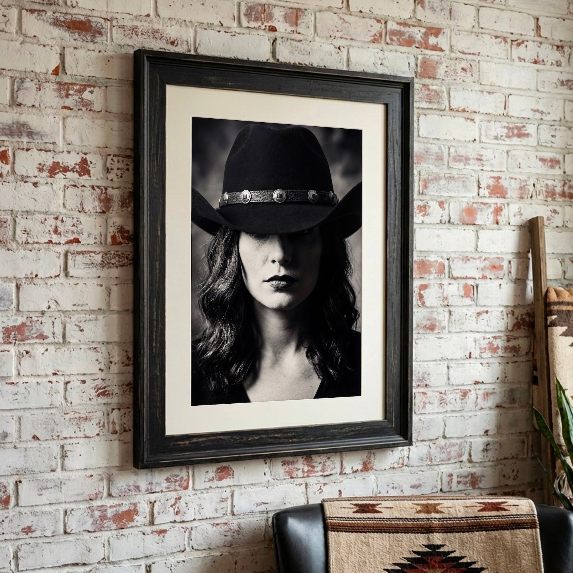 Cowgirl in Cowboy Hat: Western Black & White Photo Style Art Print
