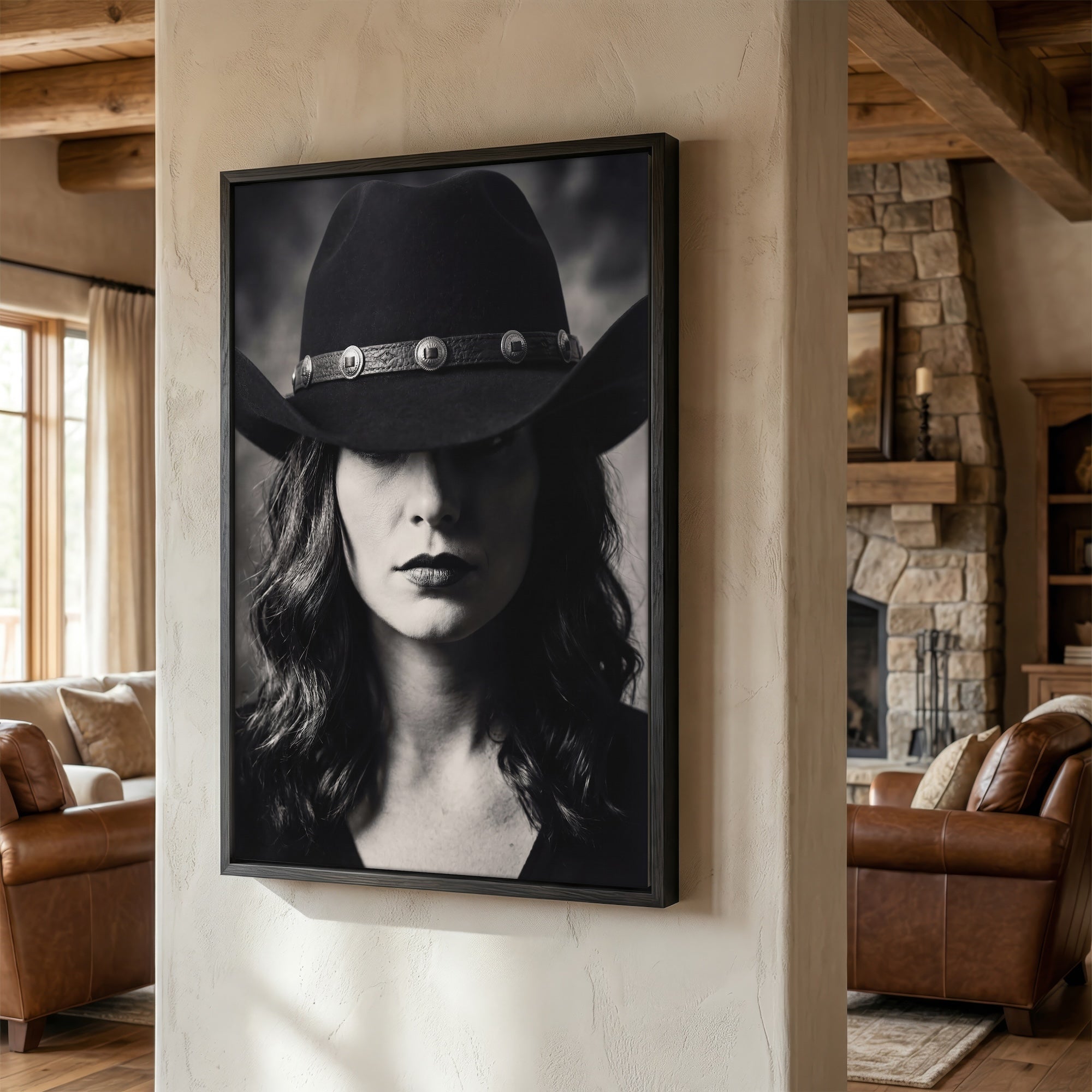Cowgirl in Cowboy Hat: Western Black & White Photo Style Art Print