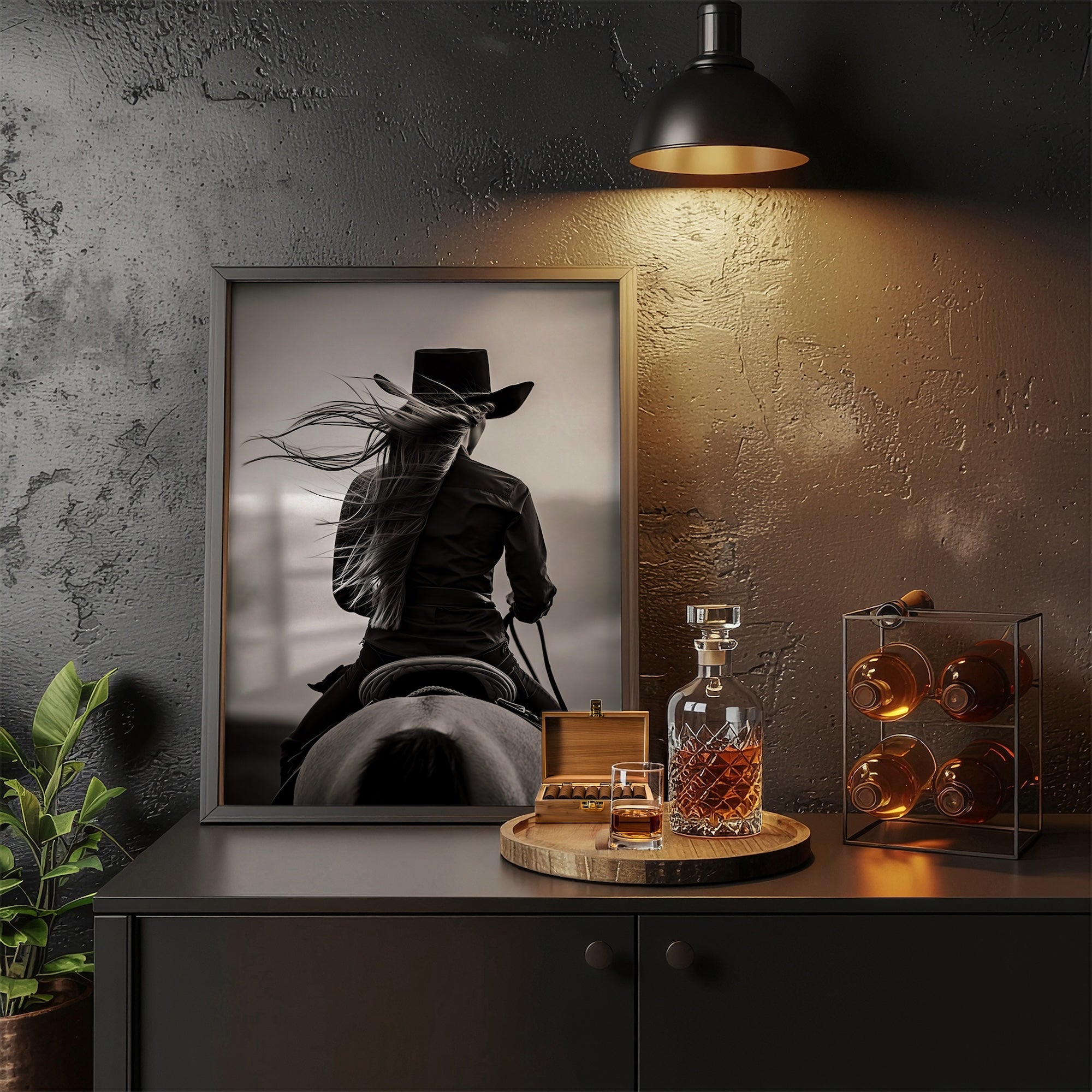Cowgirl on Horseback: Western Woman Black & White Art Print
