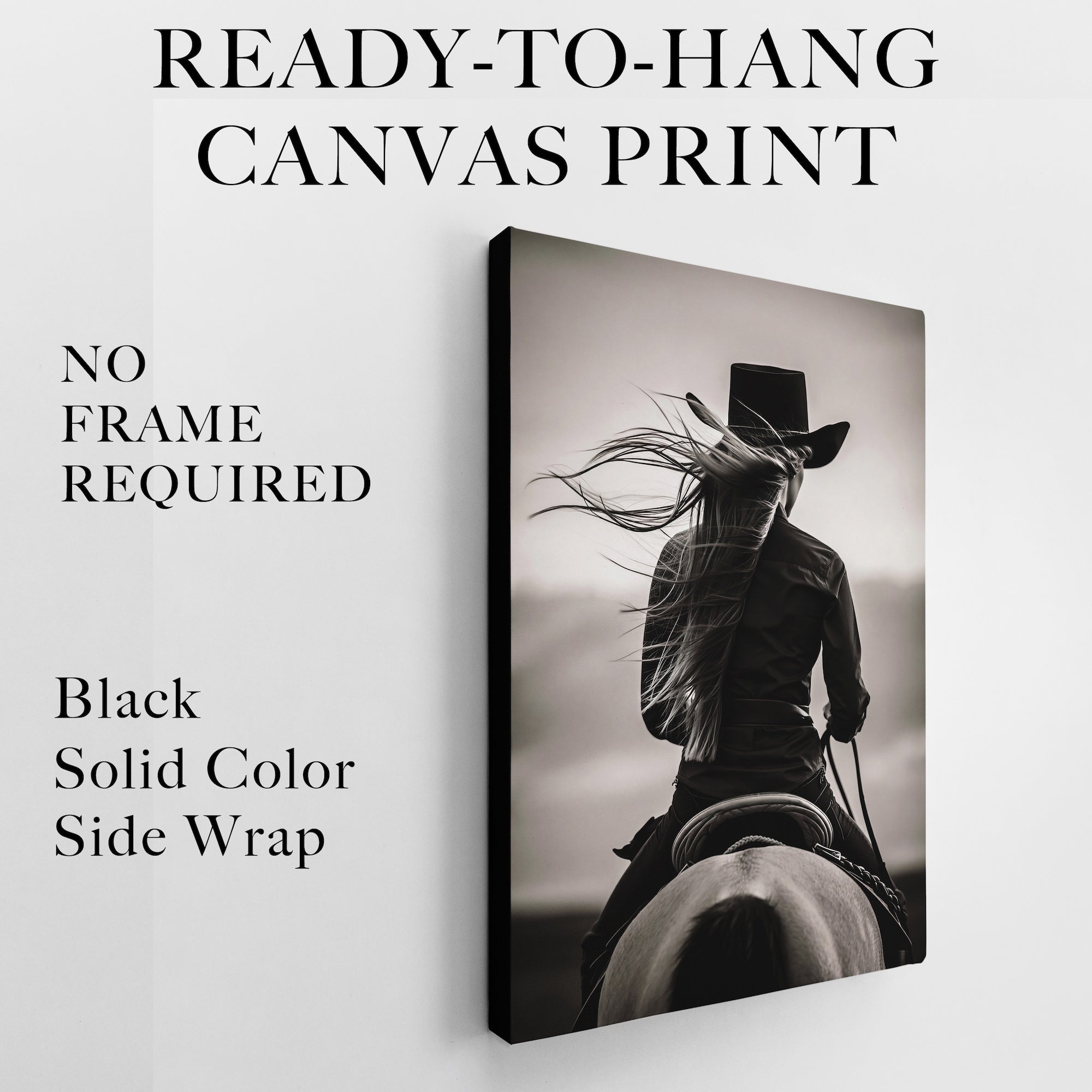 Cowgirl on Horseback: Western Woman Black & White Art Print
