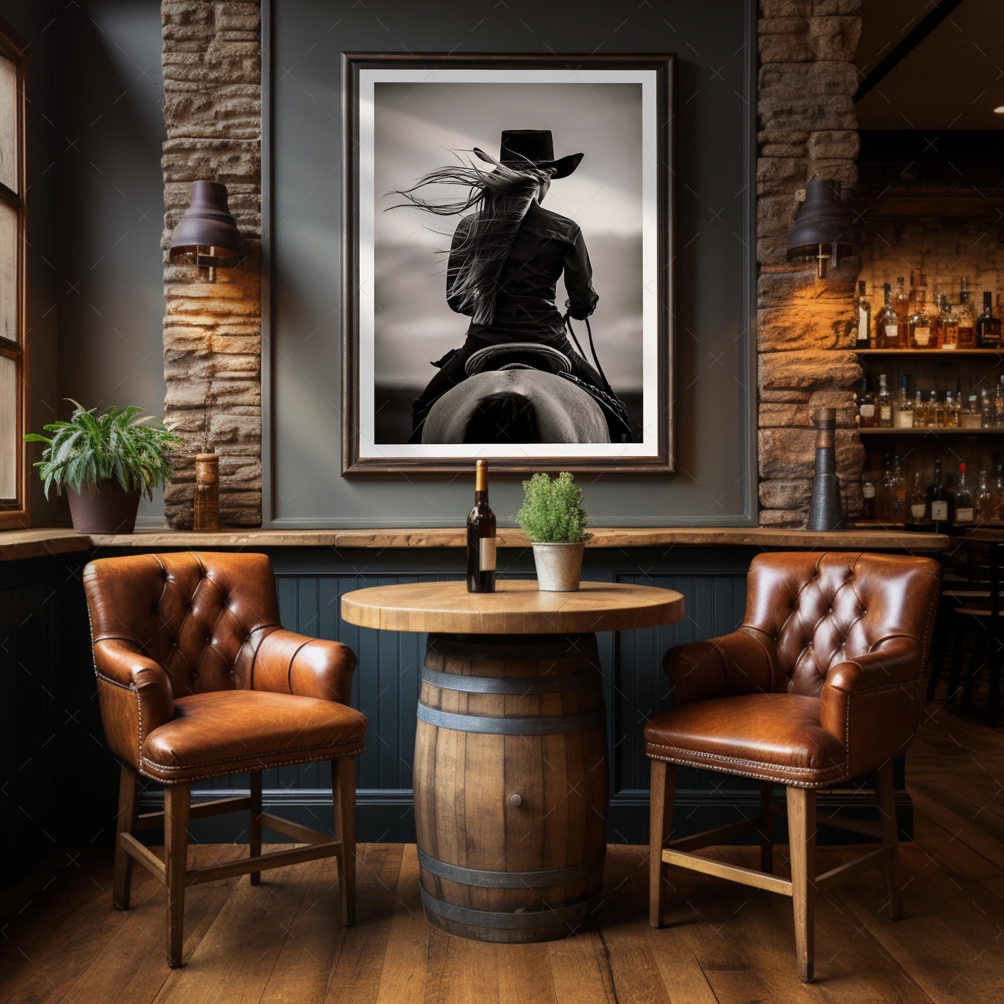 Cowgirl on Horseback: Western Woman Black & White Art Print