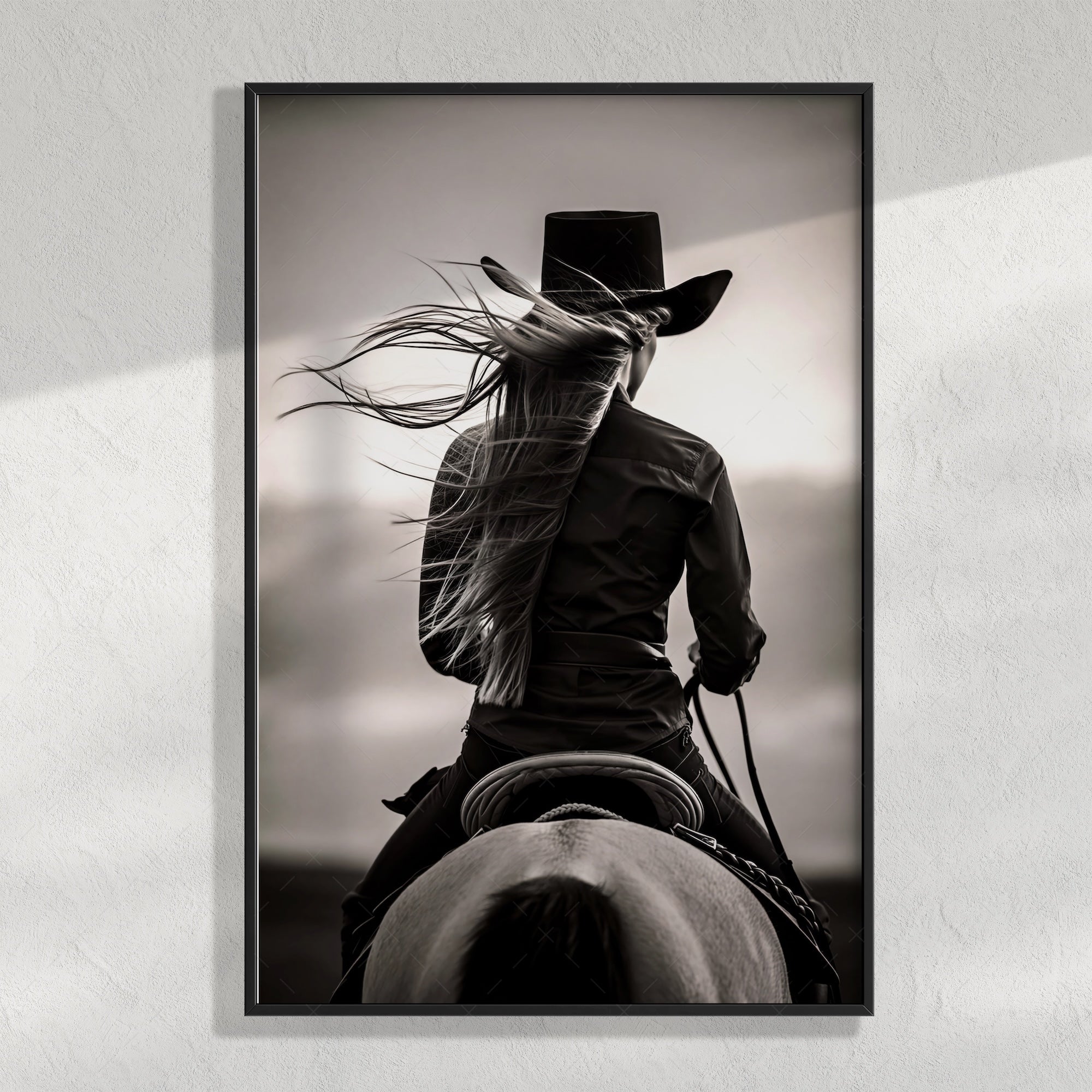 Cowgirl on Horseback: Western Woman Black & White Photo Style Art Print