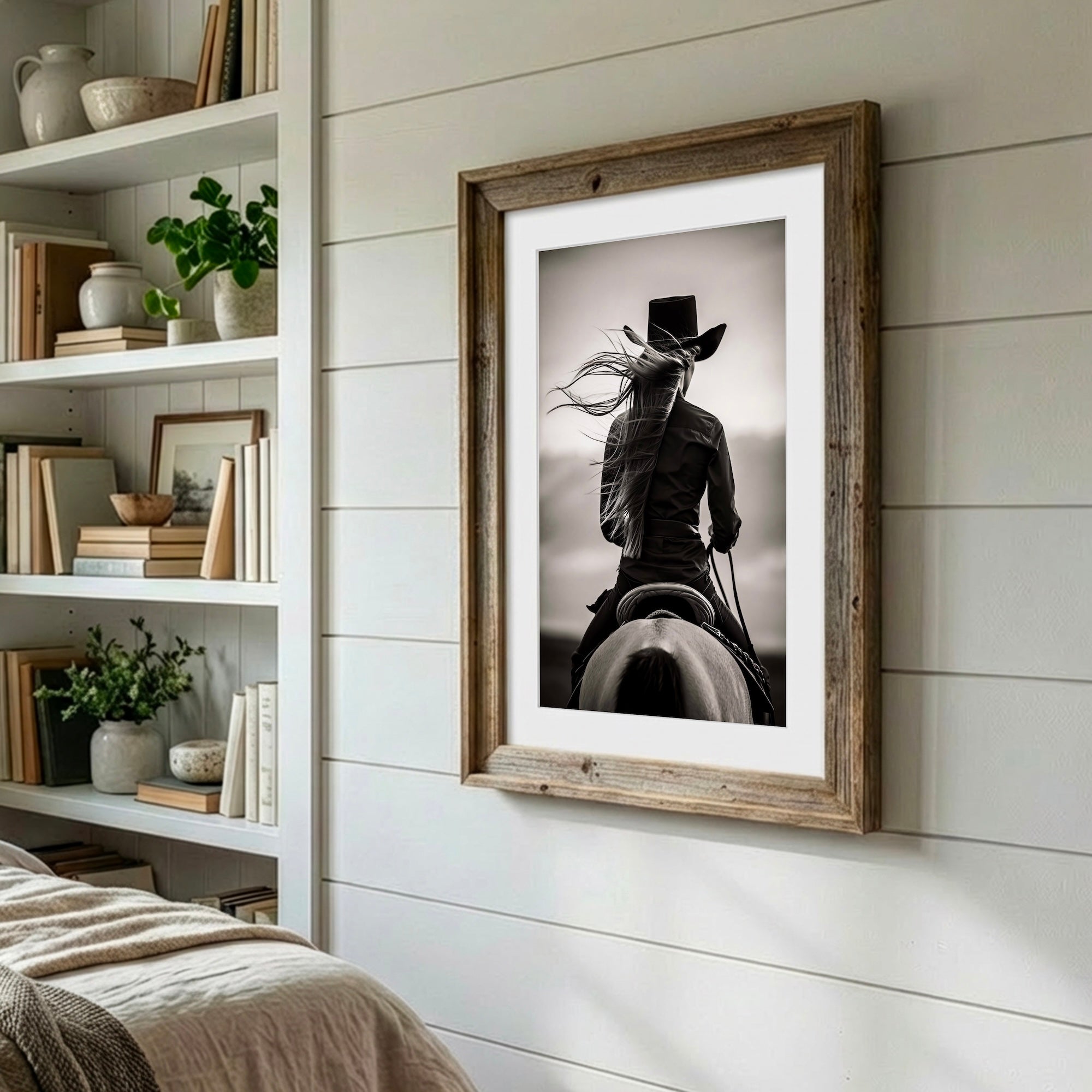 Cowgirl on Horseback: Western Woman Black & White Art Print